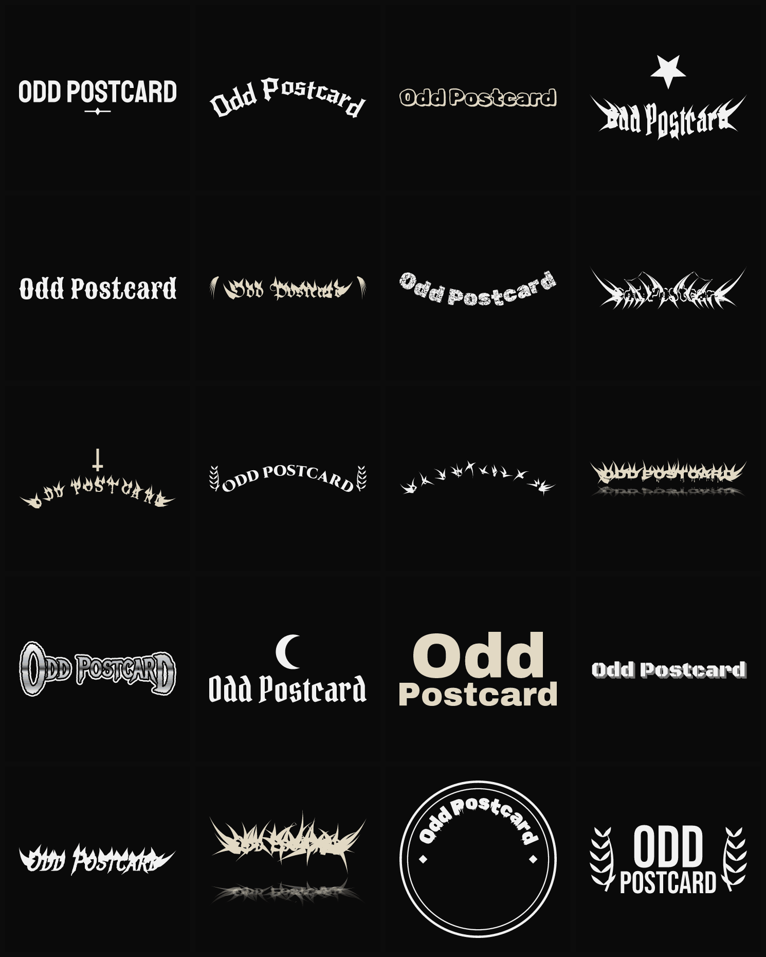 Twenty Odd Postcard band logo ideas — different faces, treatments and spike settings