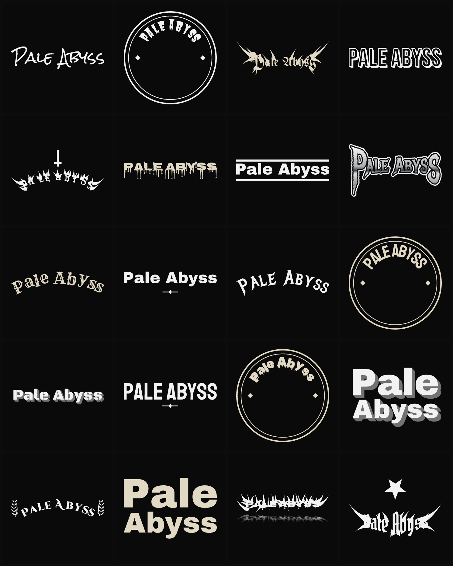 Twenty Pale Abyss band logo ideas — different faces, treatments and spike settings