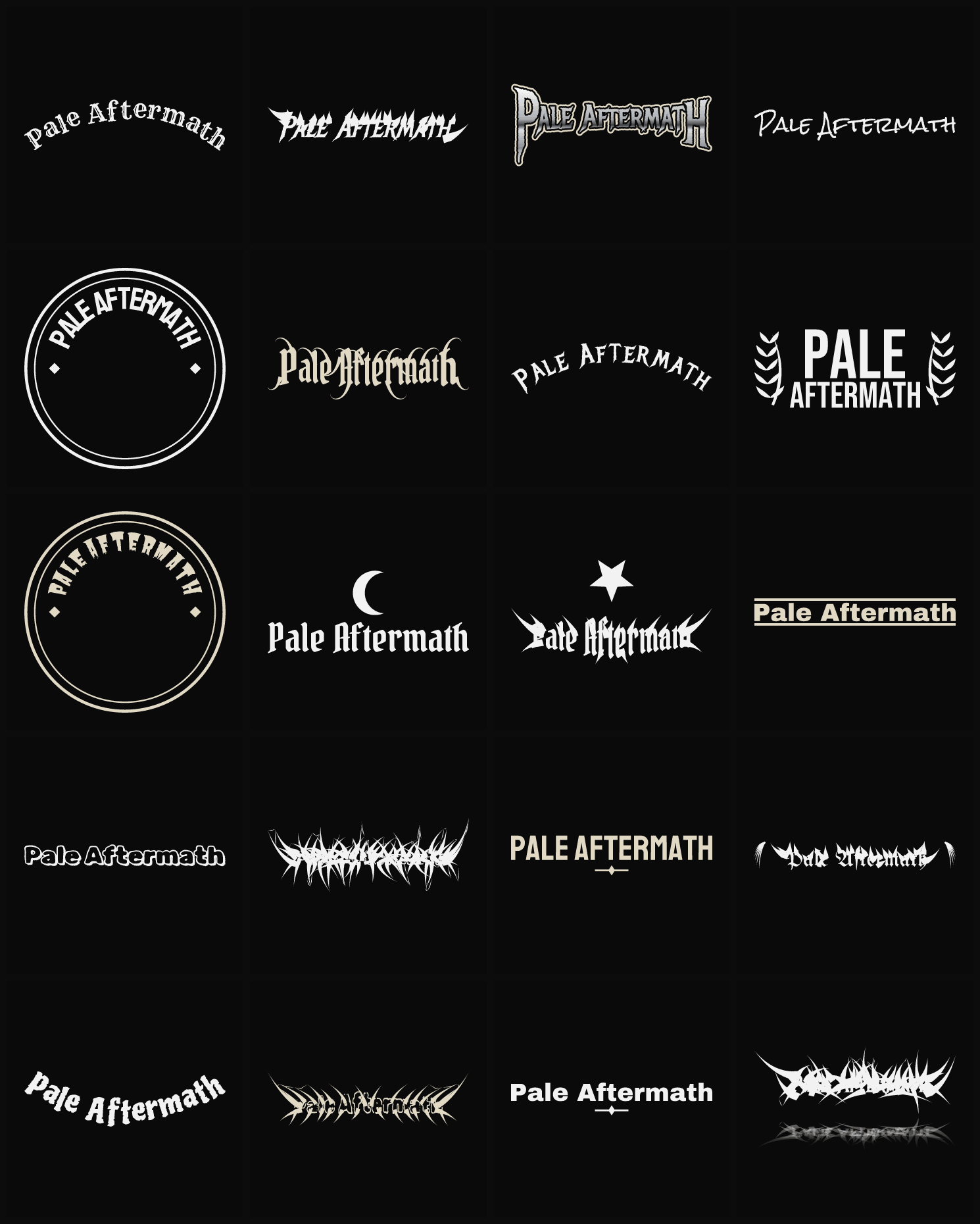 Twenty Pale Aftermath band logo ideas — different faces, treatments and spike settings