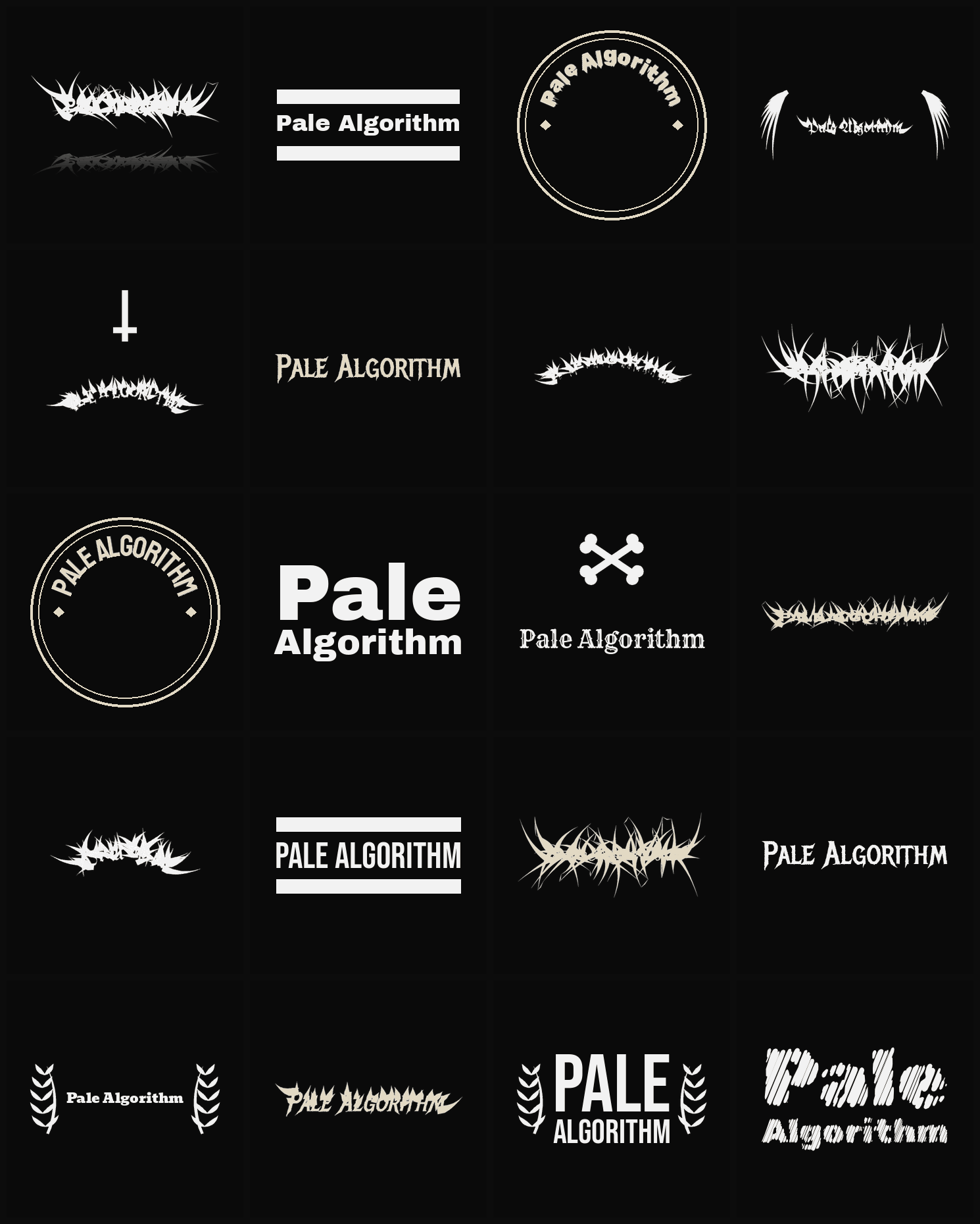 Twenty Pale Algorithm band logo ideas — different faces, treatments and spike settings