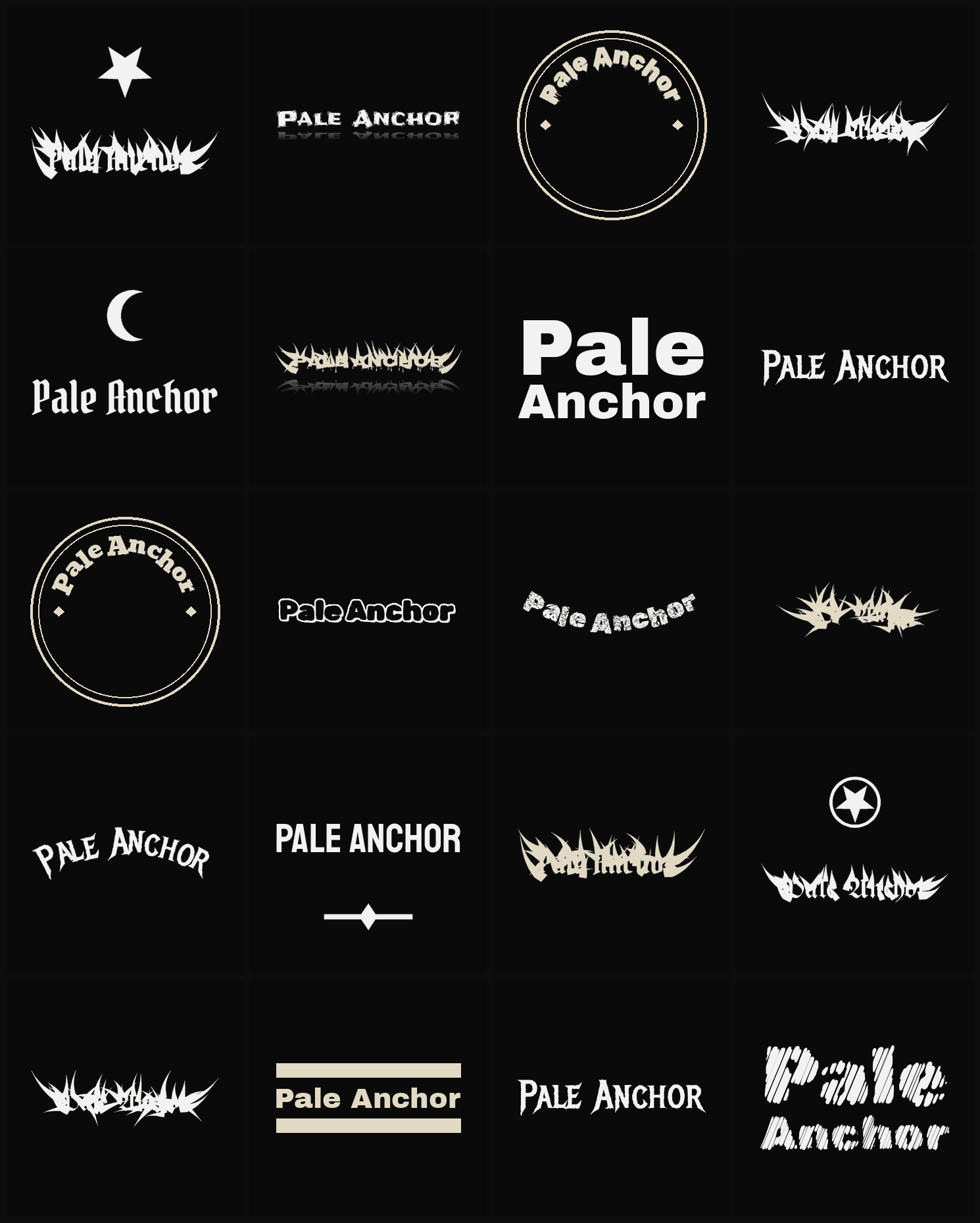 Twenty Pale Anchor band logo ideas — different faces, treatments and spike settings