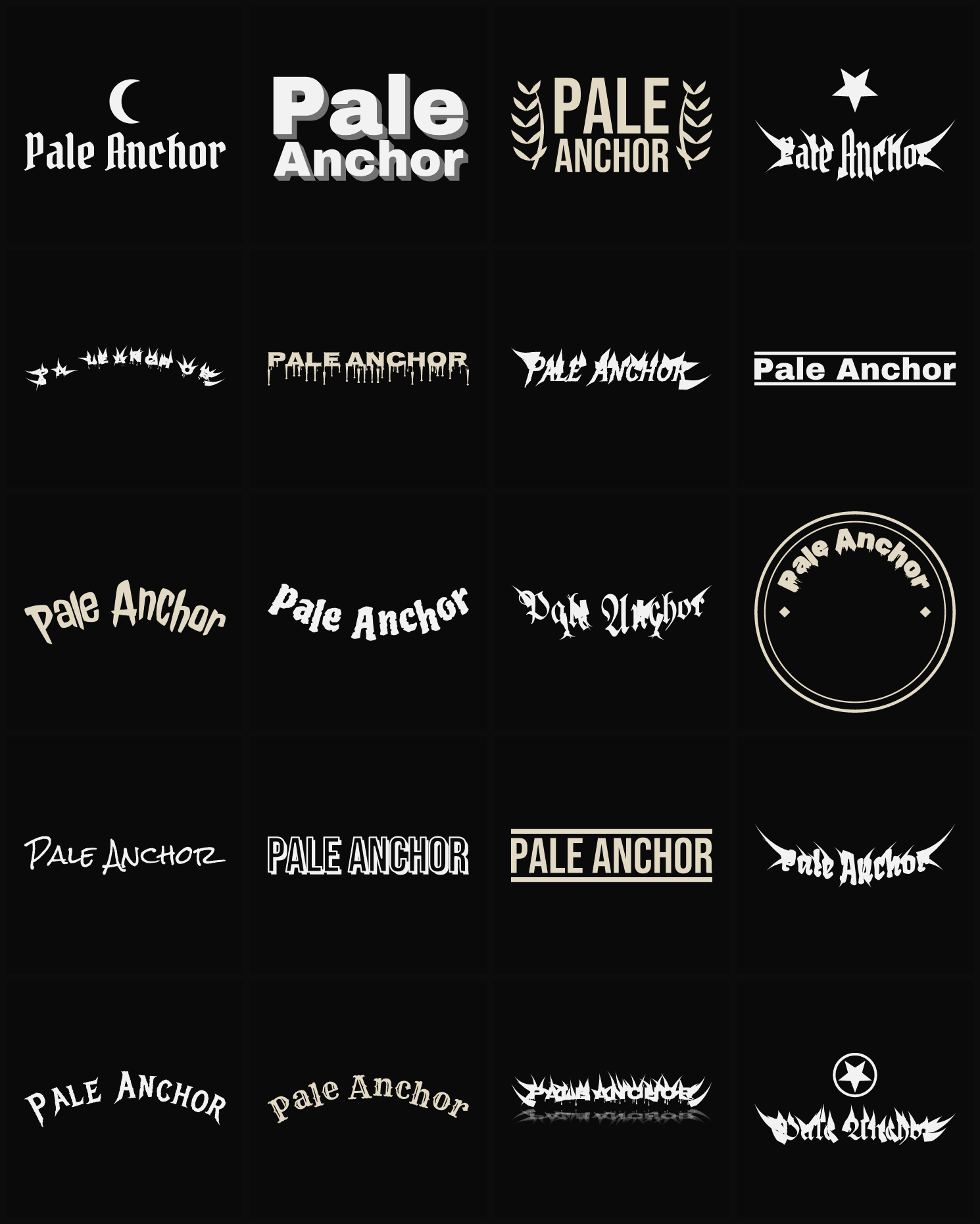 Twenty Pale Anchor band logo ideas — different faces, treatments and spike settings