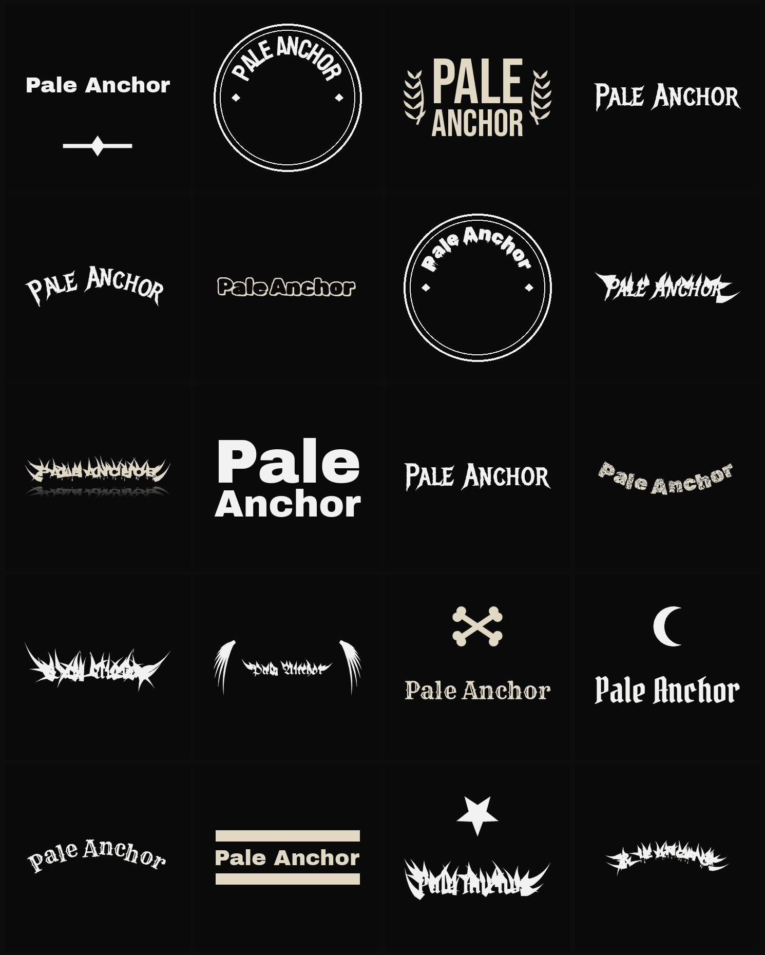 Twenty Pale Anchor band logo ideas — different faces, treatments and spike settings