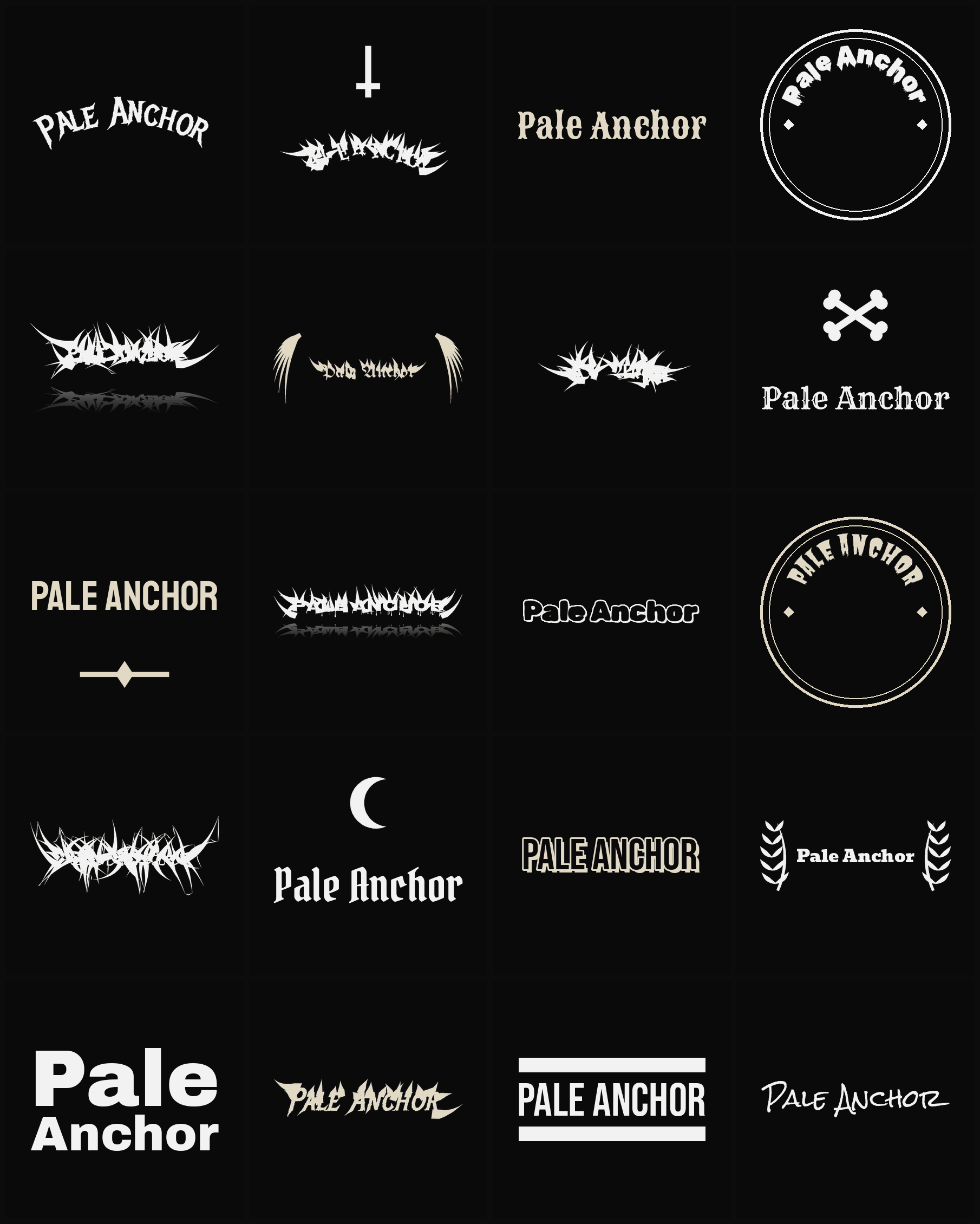 Twenty Pale Anchor band logo ideas — different faces, treatments and spike settings
