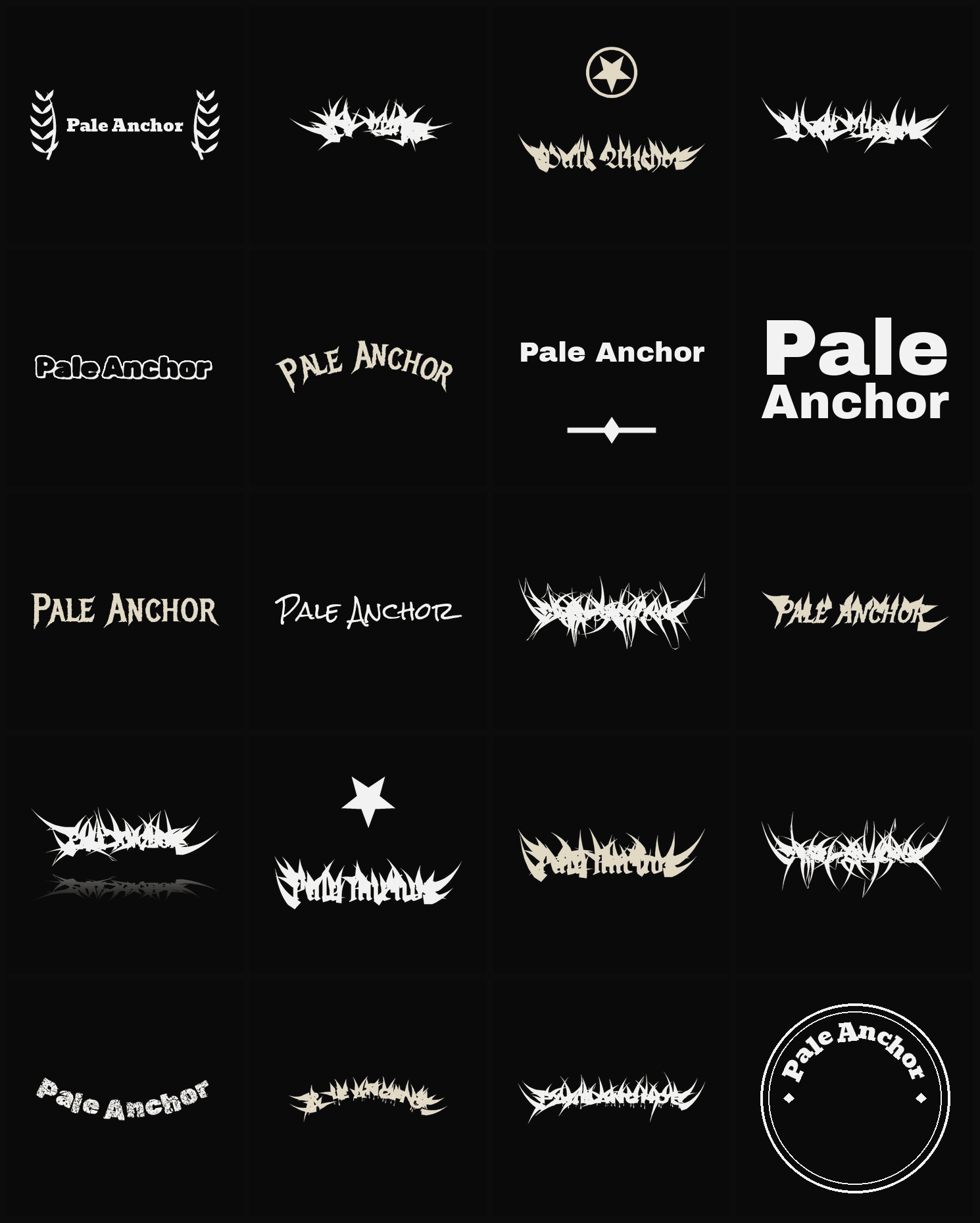 Twenty Pale Anchor band logo ideas — different faces, treatments and spike settings
