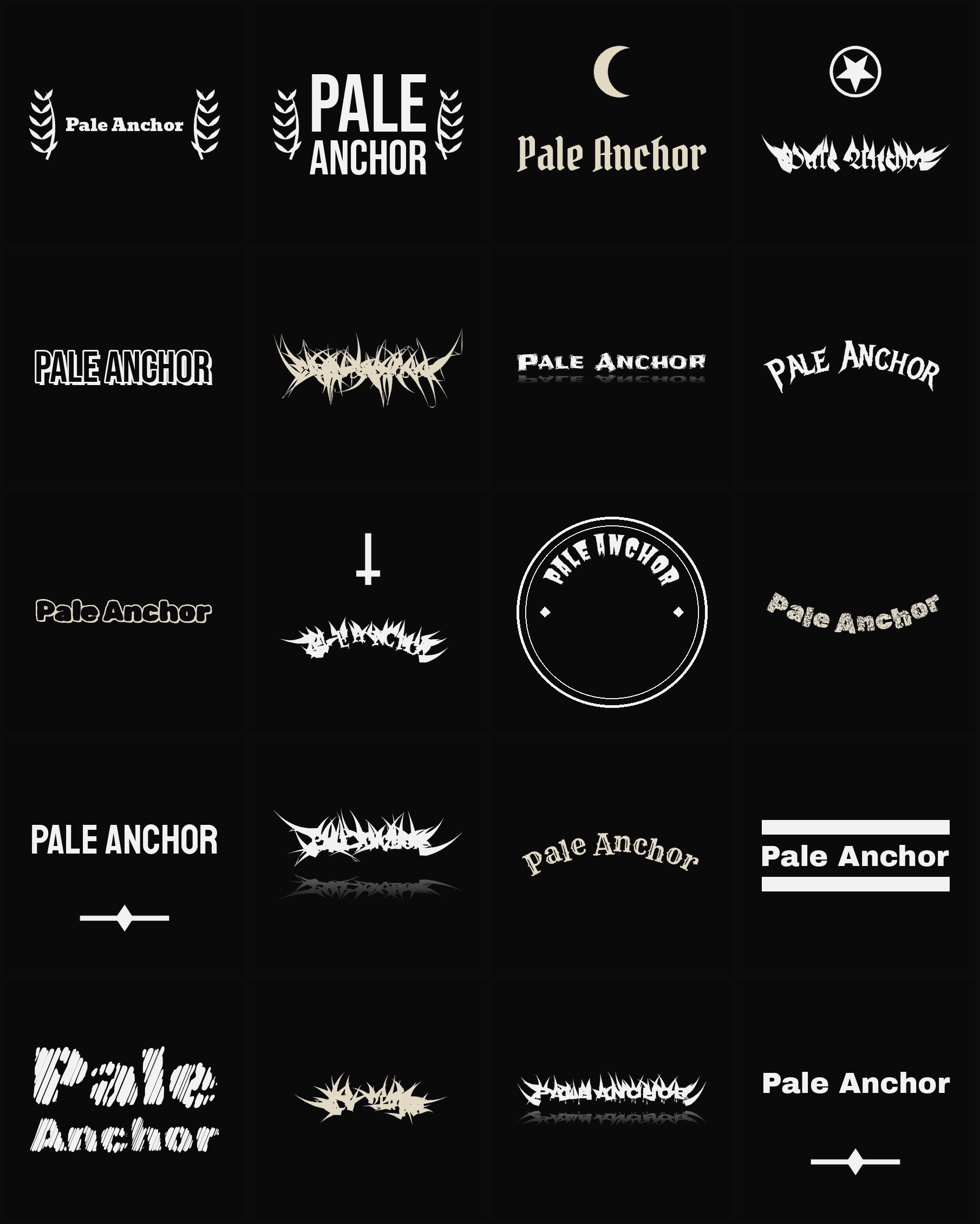 Twenty Pale Anchor band logo ideas — different faces, treatments and spike settings