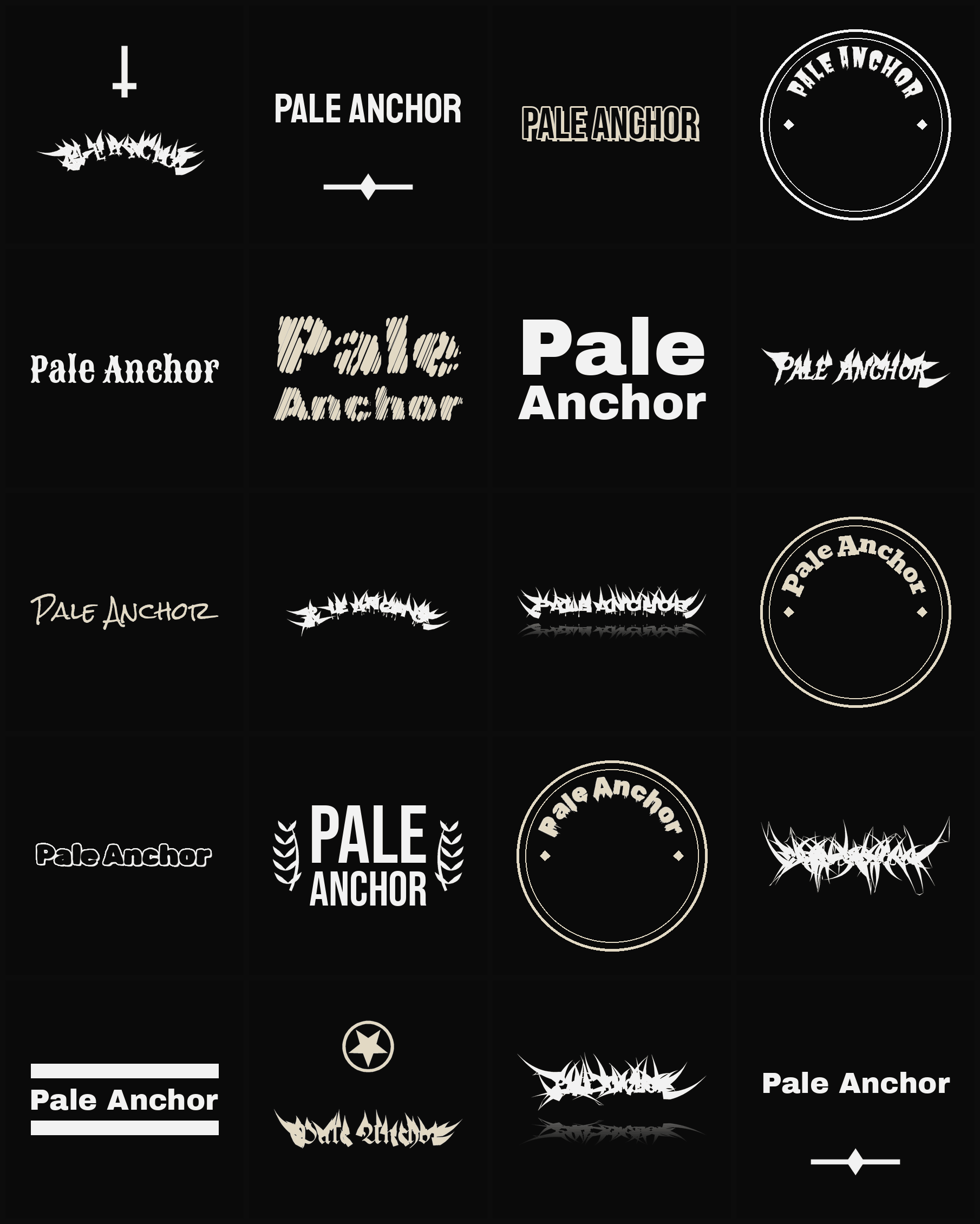 Twenty Pale Anchor band logo ideas — different faces, treatments and spike settings