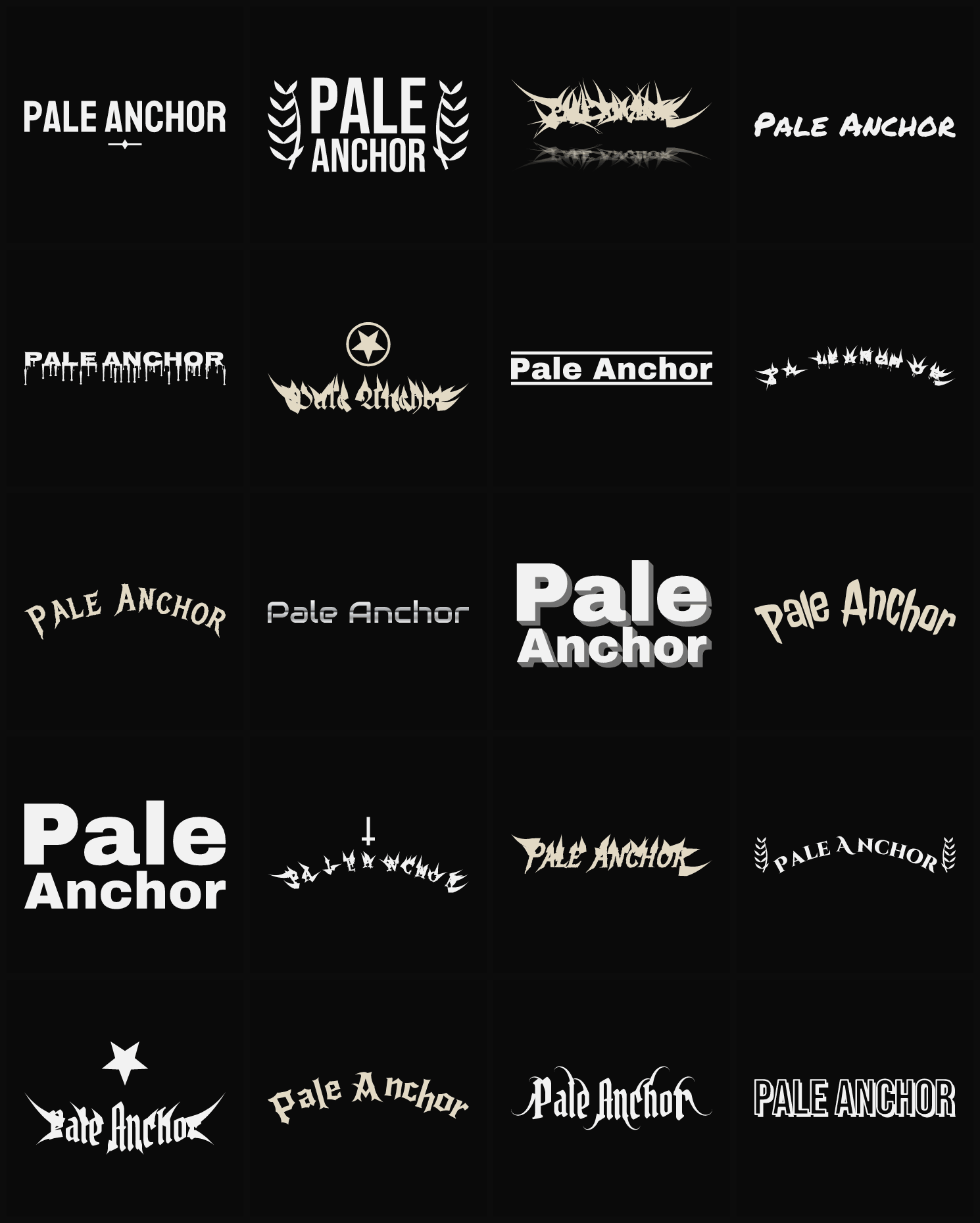 Twenty Pale Anchor band logo ideas — different faces, treatments and spike settings