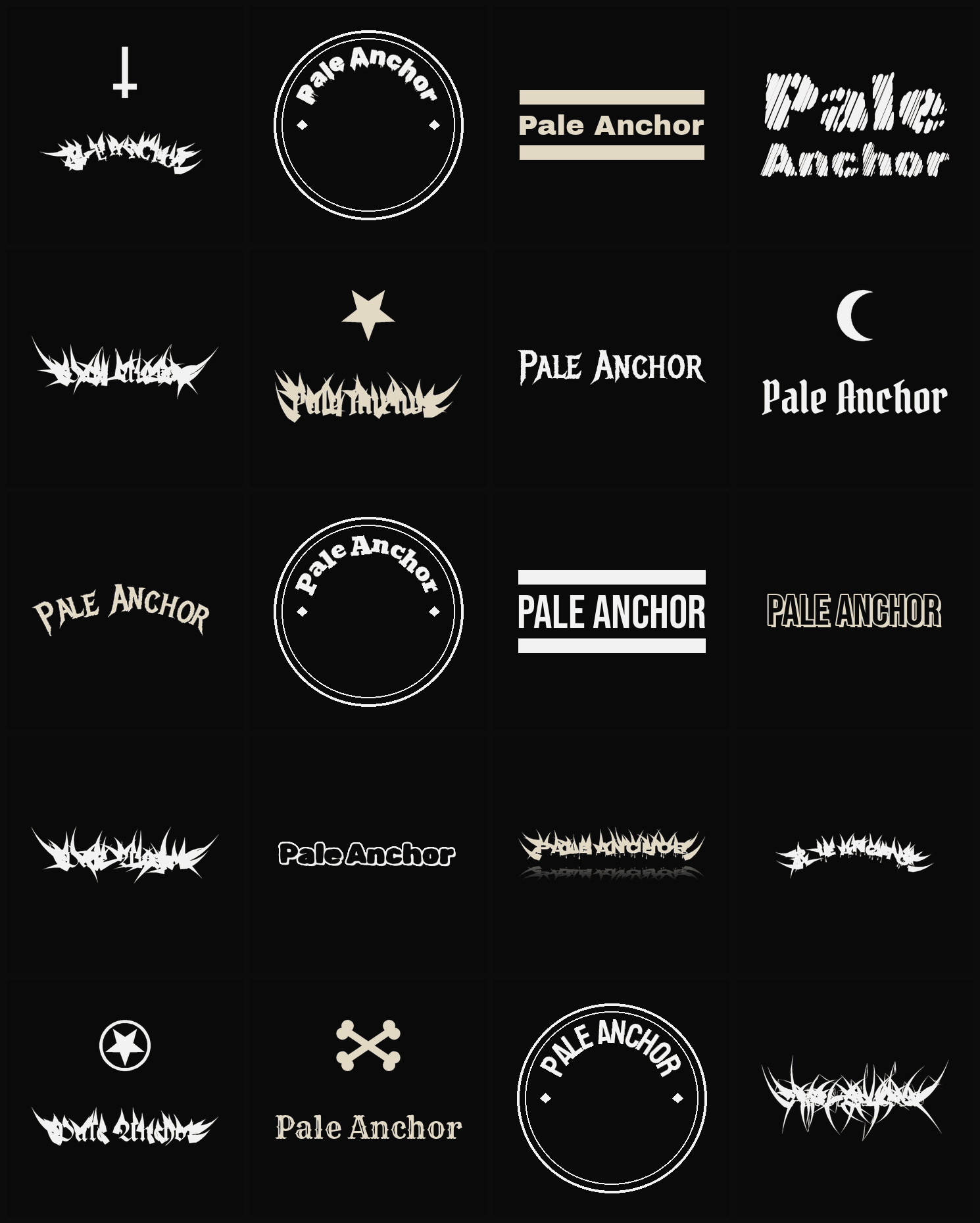 Twenty Pale Anchor band logo ideas — different faces, treatments and spike settings