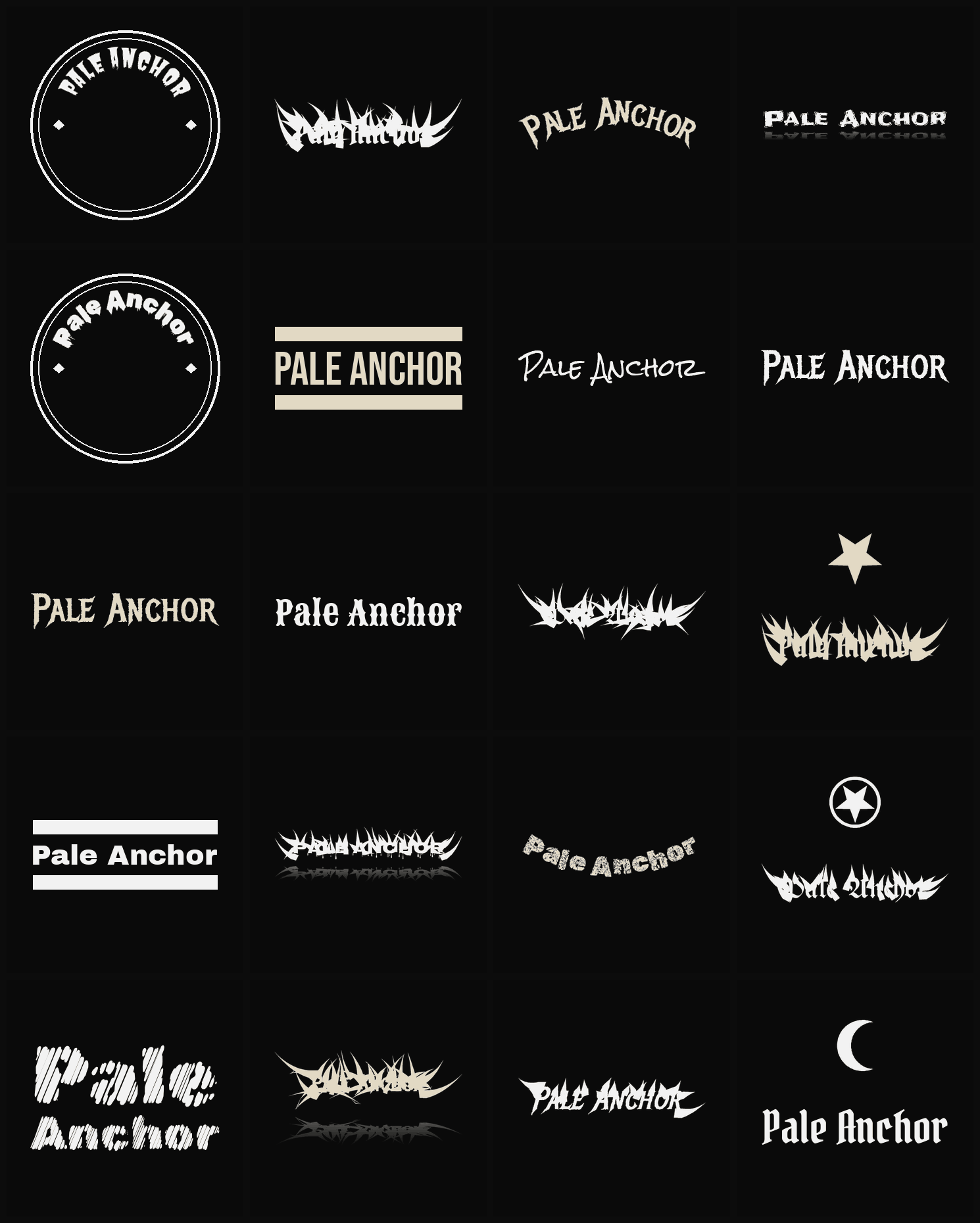 Twenty Pale Anchor band logo ideas — different faces, treatments and spike settings
