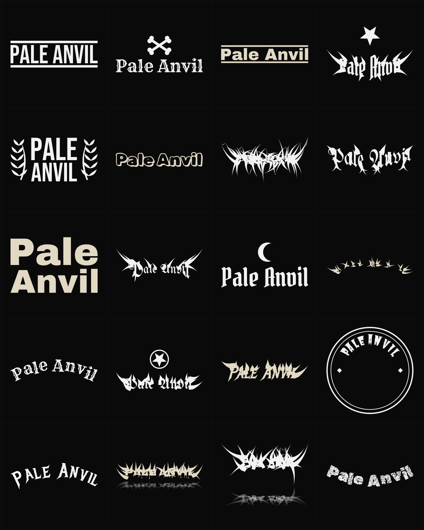 Twenty Pale Anvil band logo ideas — different faces, treatments and spike settings