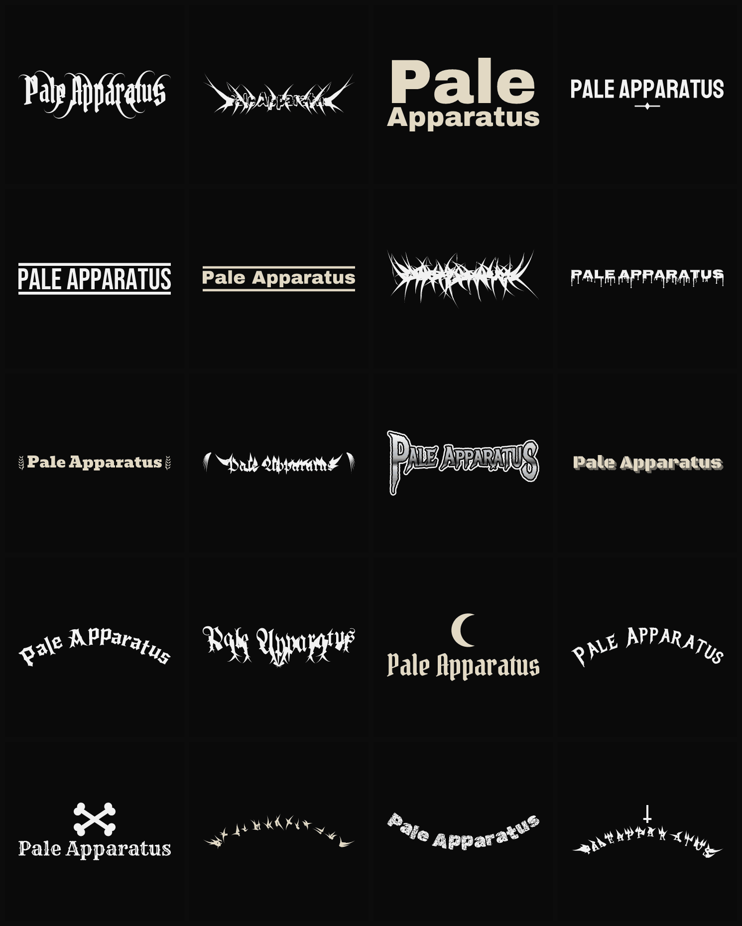 Twenty Pale Apparatus band logo ideas — different faces, treatments and spike settings