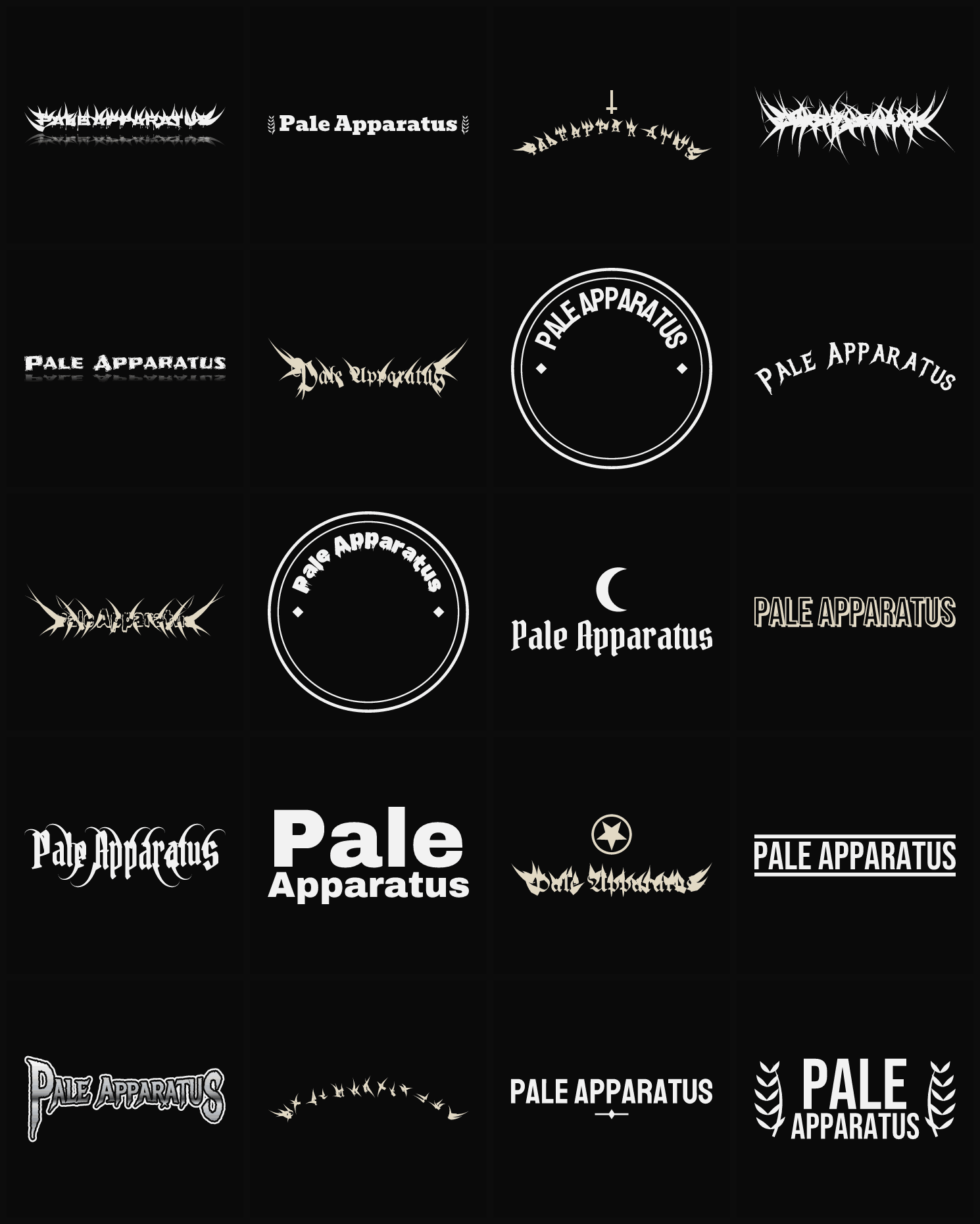 Twenty Pale Apparatus band logo ideas — different faces, treatments and spike settings