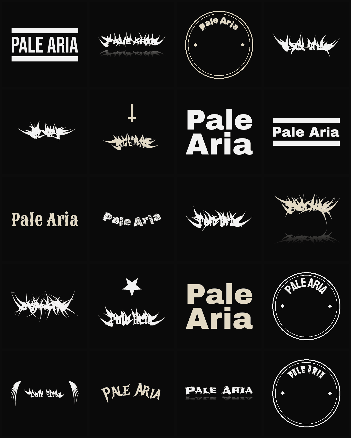 Twenty Pale Aria band logo ideas — different faces, treatments and spike settings