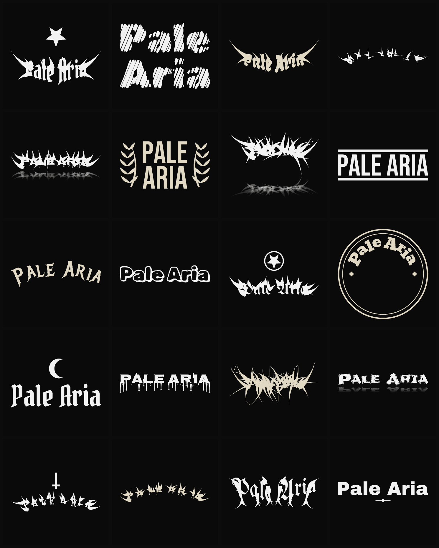 Twenty Pale Aria band logo ideas — different faces, treatments and spike settings