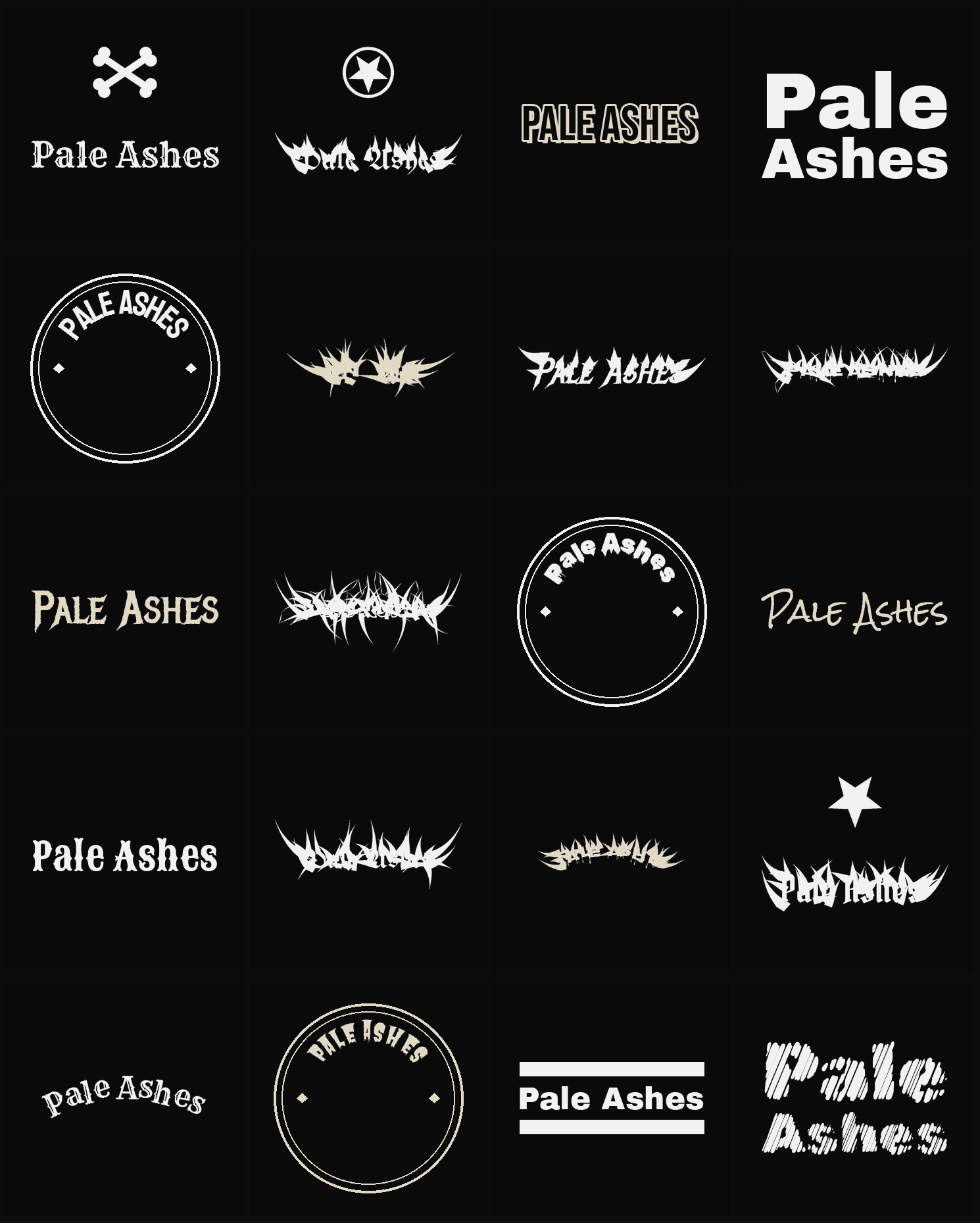Twenty Pale Ashes band logo ideas — different faces, treatments and spike settings
