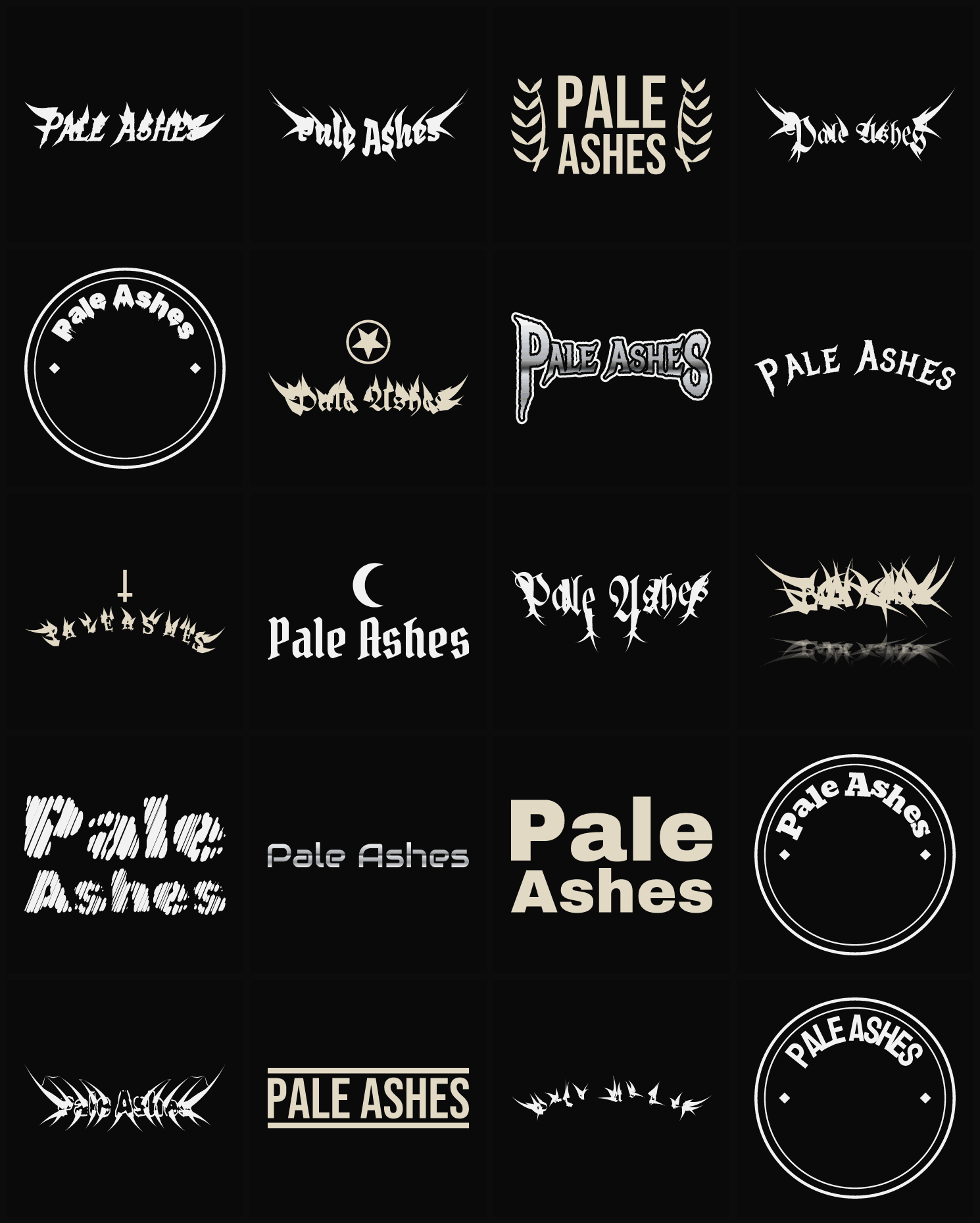 Twenty Pale Ashes band logo ideas — different faces, treatments and spike settings