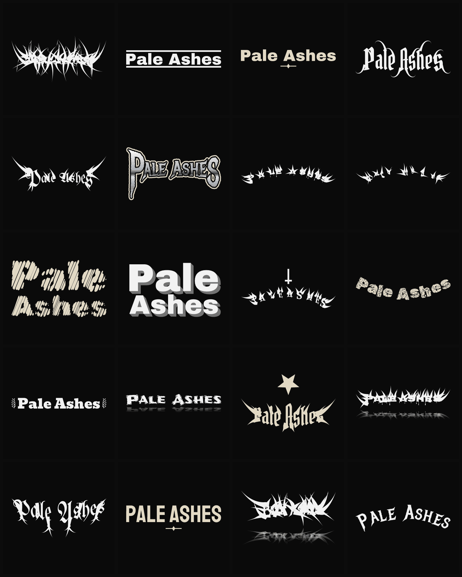 Twenty Pale Ashes band logo ideas — different faces, treatments and spike settings