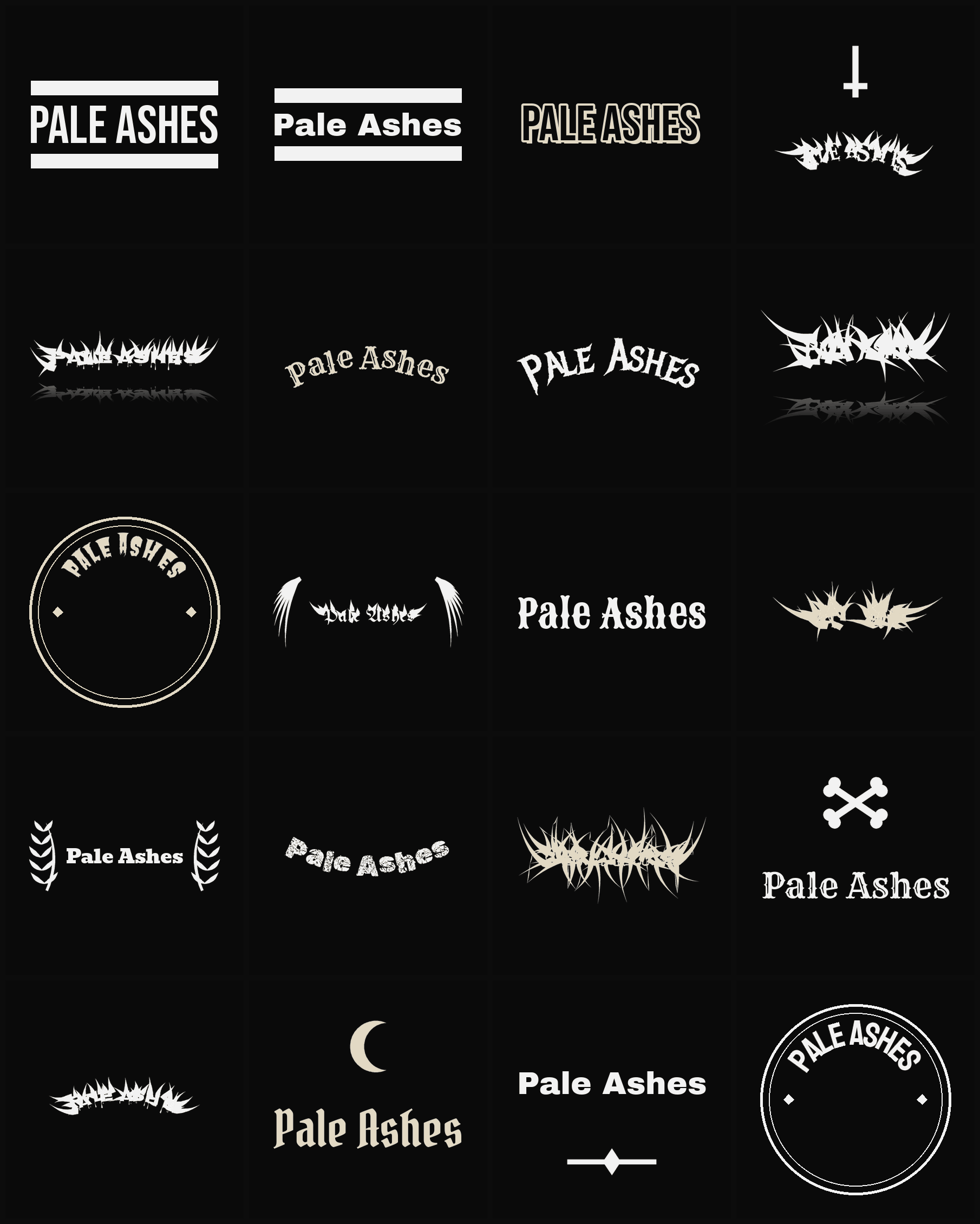 Twenty Pale Ashes band logo ideas — different faces, treatments and spike settings
