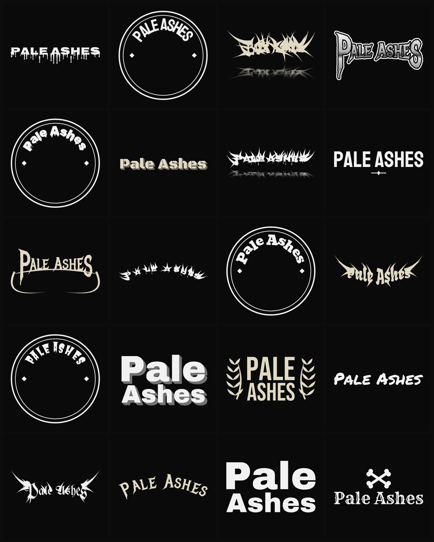 Twenty Pale Ashes band logo ideas — different faces, treatments and spike settings