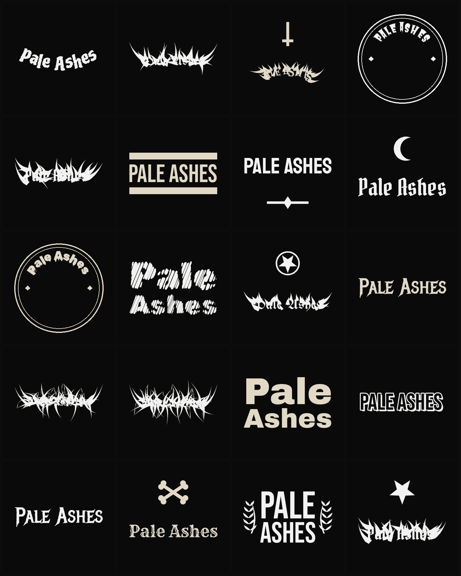 Twenty Pale Ashes band logo ideas — different faces, treatments and spike settings