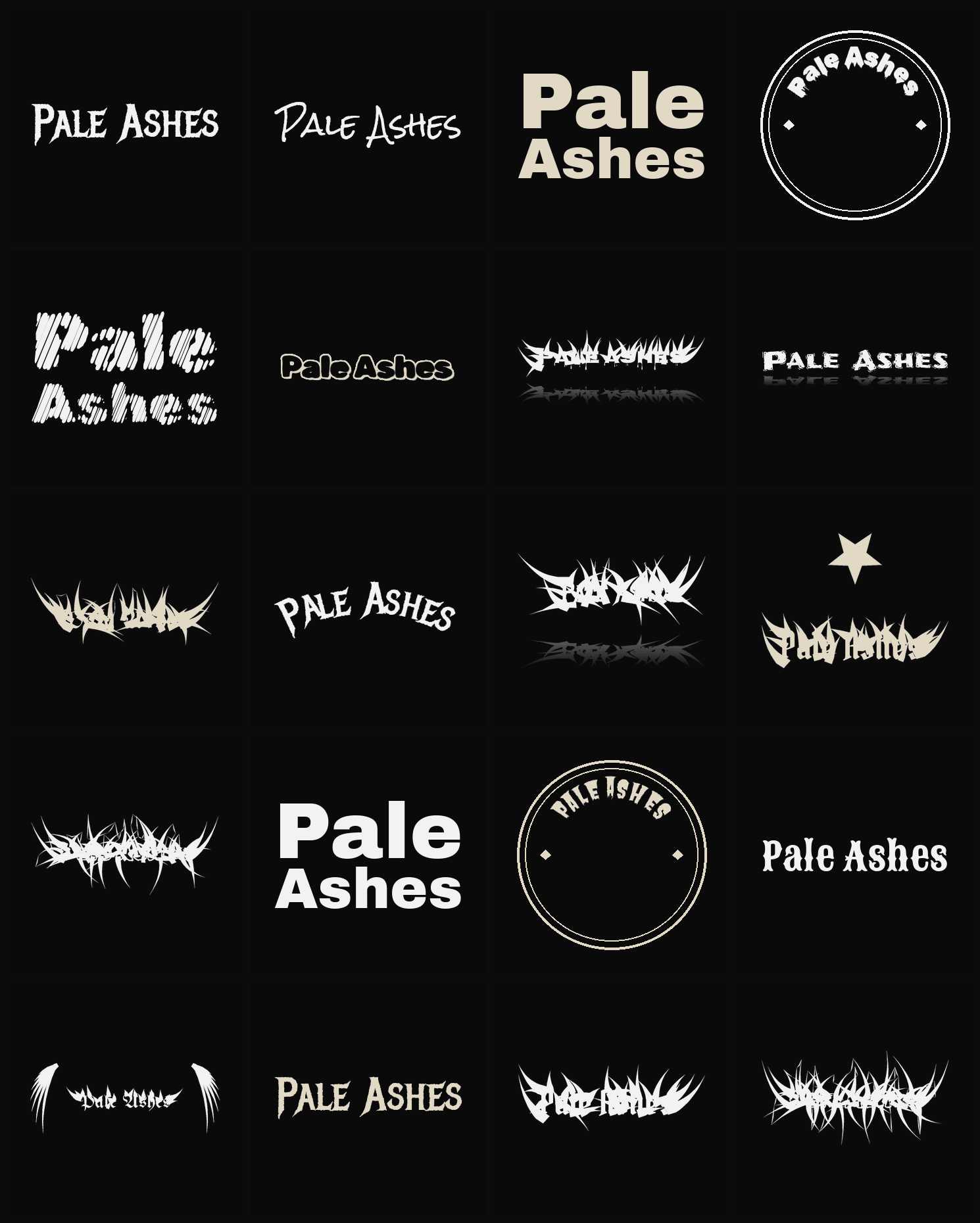 Twenty Pale Ashes band logo ideas — different faces, treatments and spike settings