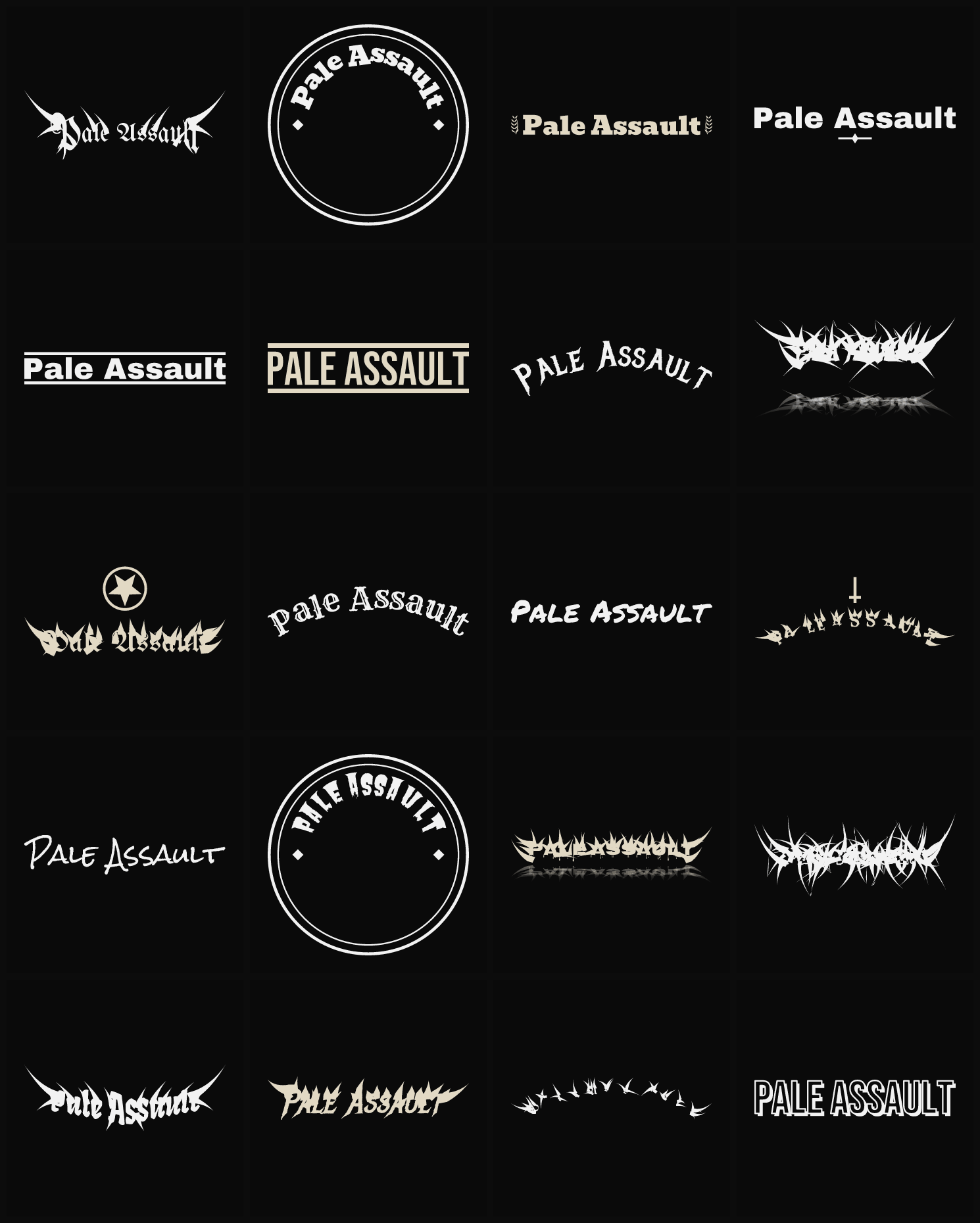 Twenty Pale Assault band logo ideas — different faces, treatments and spike settings