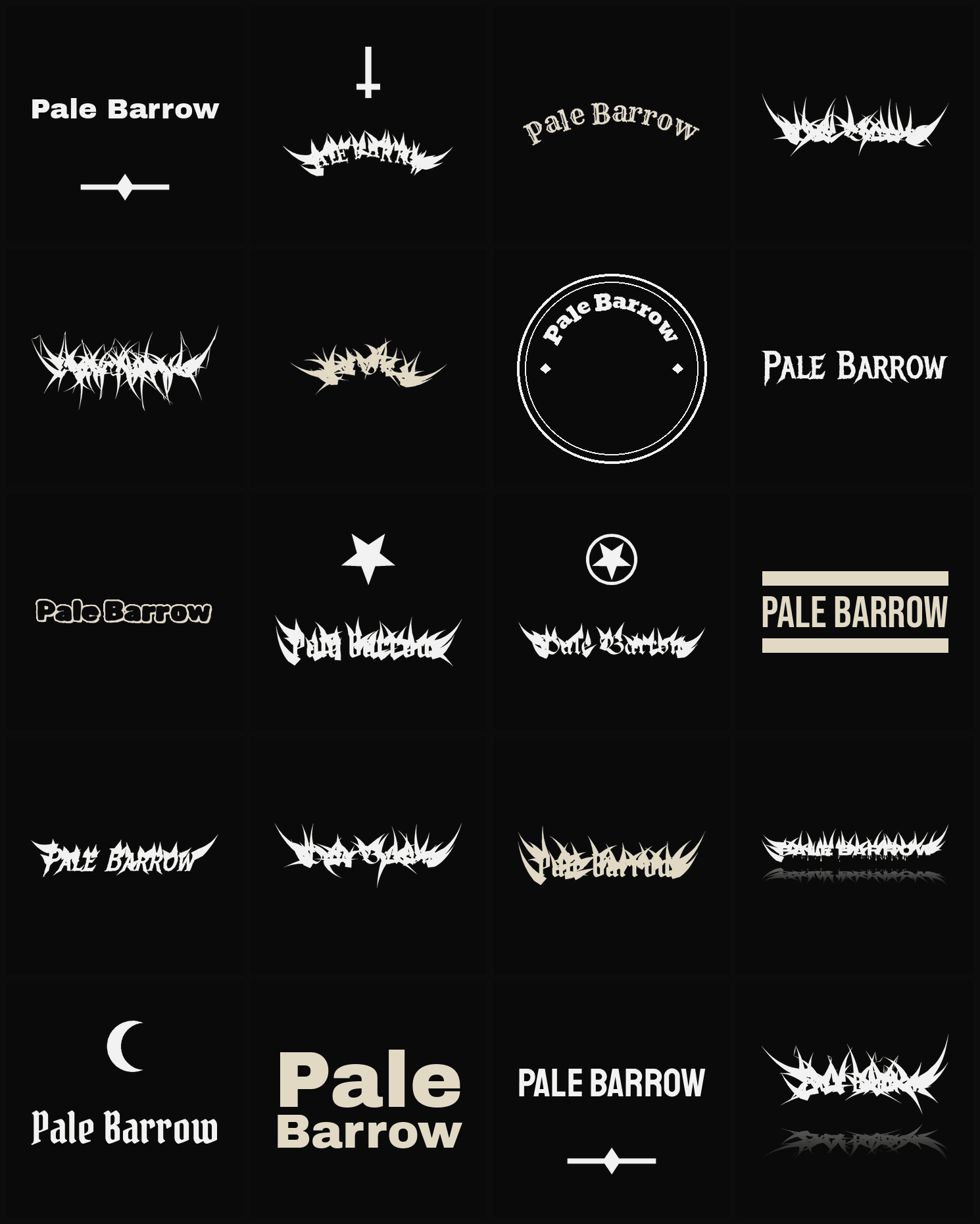 Twenty Pale Barrow band logo ideas — different faces, treatments and spike settings