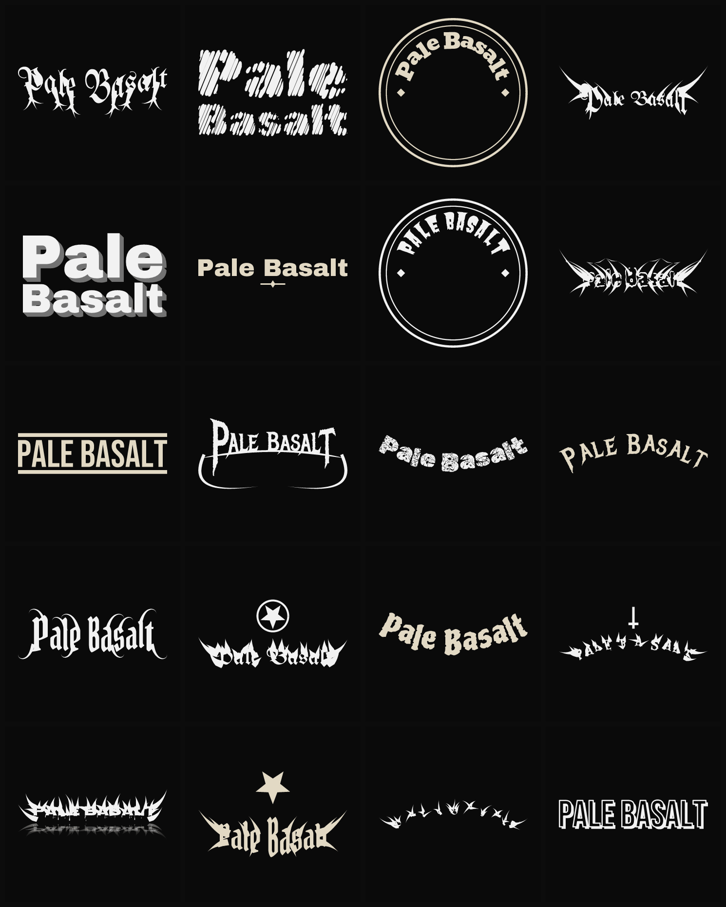 Twenty Pale Basalt band logo ideas — different faces, treatments and spike settings