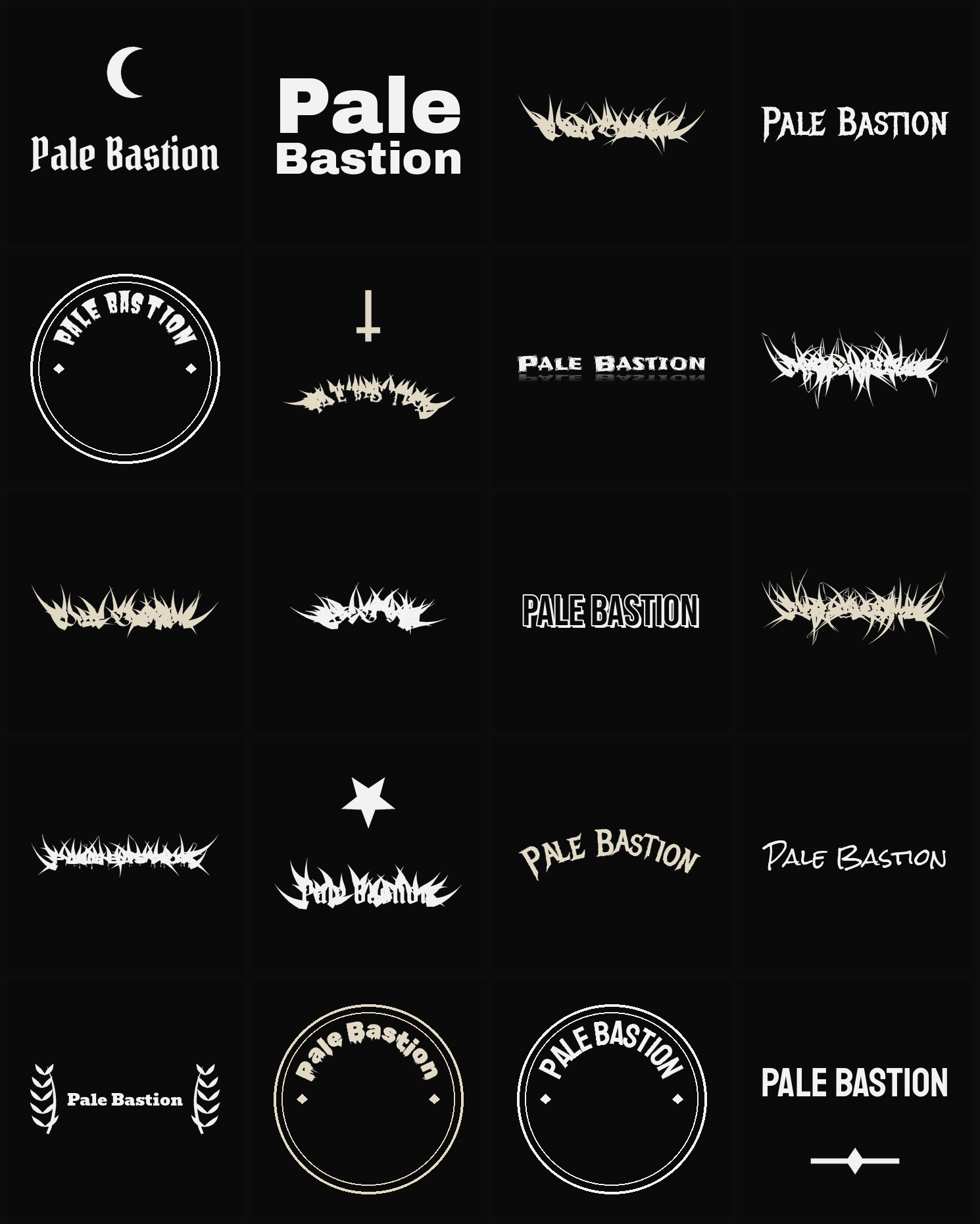Twenty Pale Bastion band logo ideas — different faces, treatments and spike settings