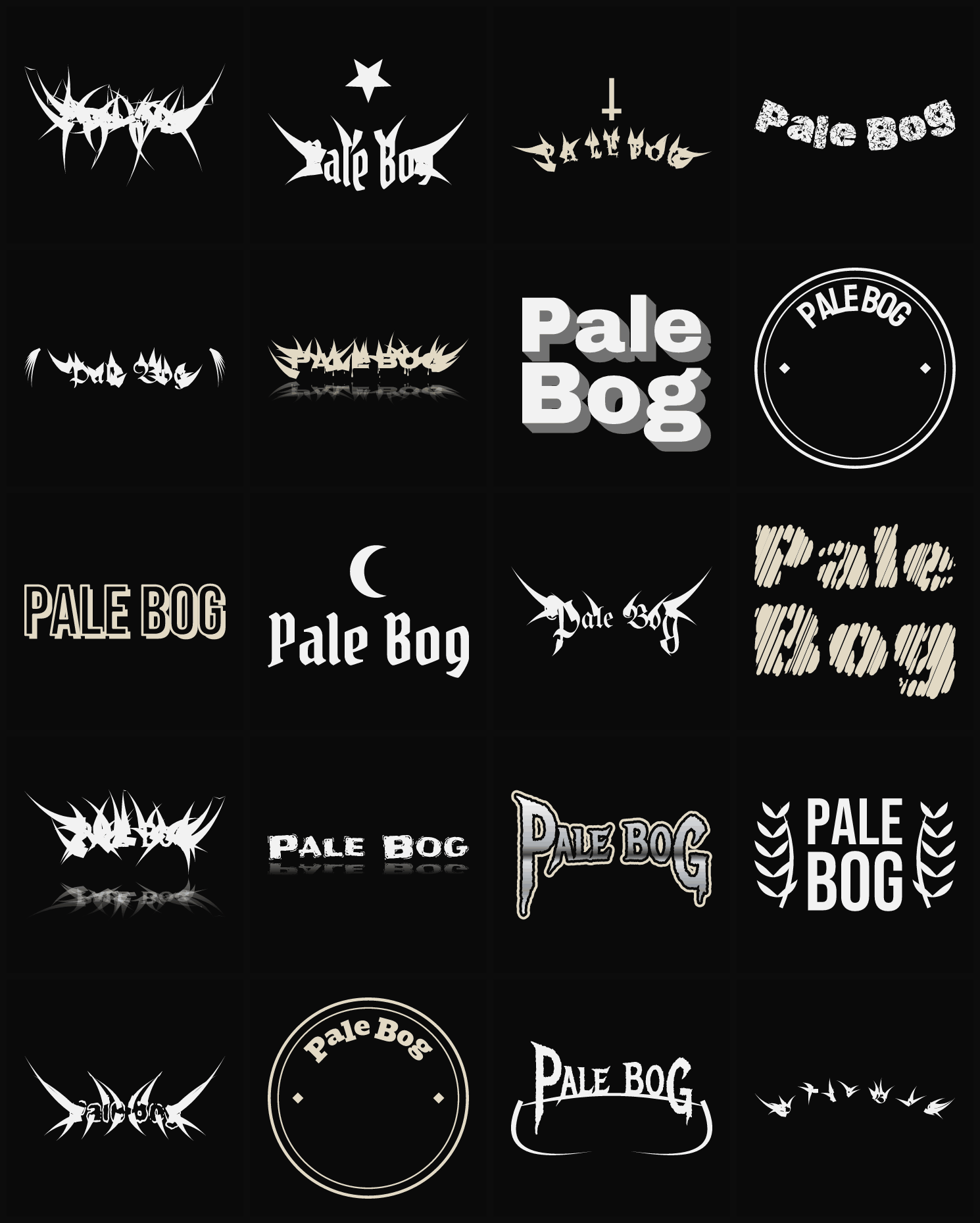 Twenty Pale Bog band logo ideas — different faces, treatments and spike settings