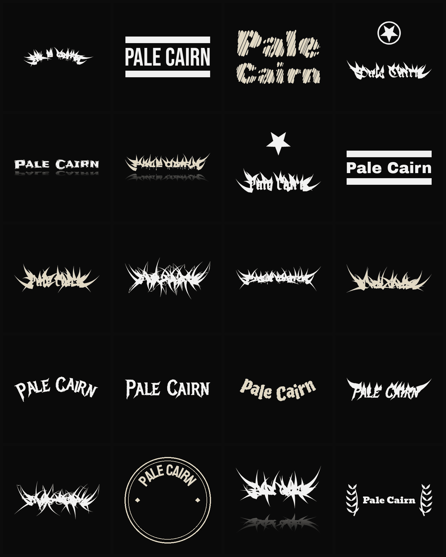 Twenty Pale Cairn band logo ideas — different faces, treatments and spike settings