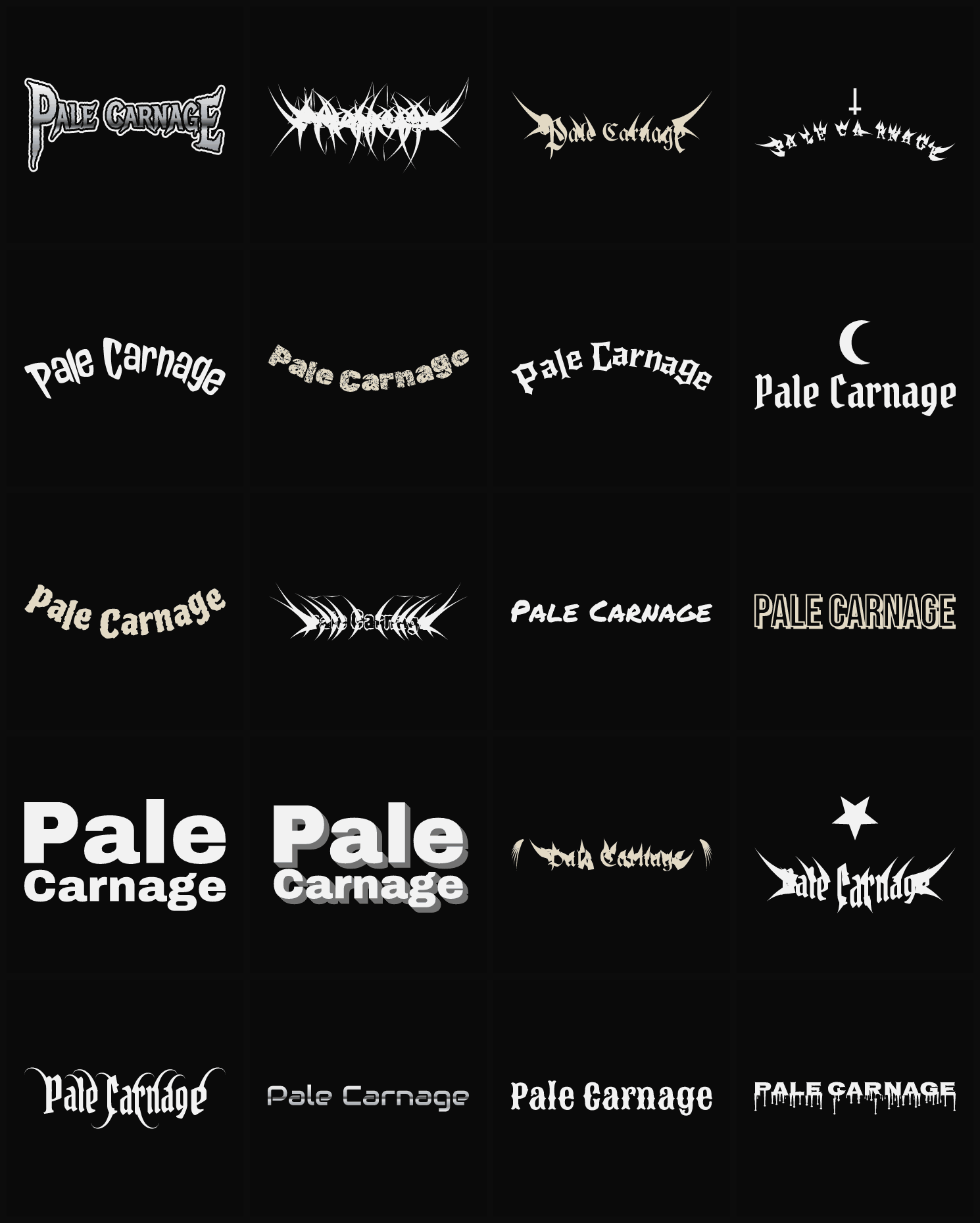 Twenty Pale Carnage band logo ideas — different faces, treatments and spike settings