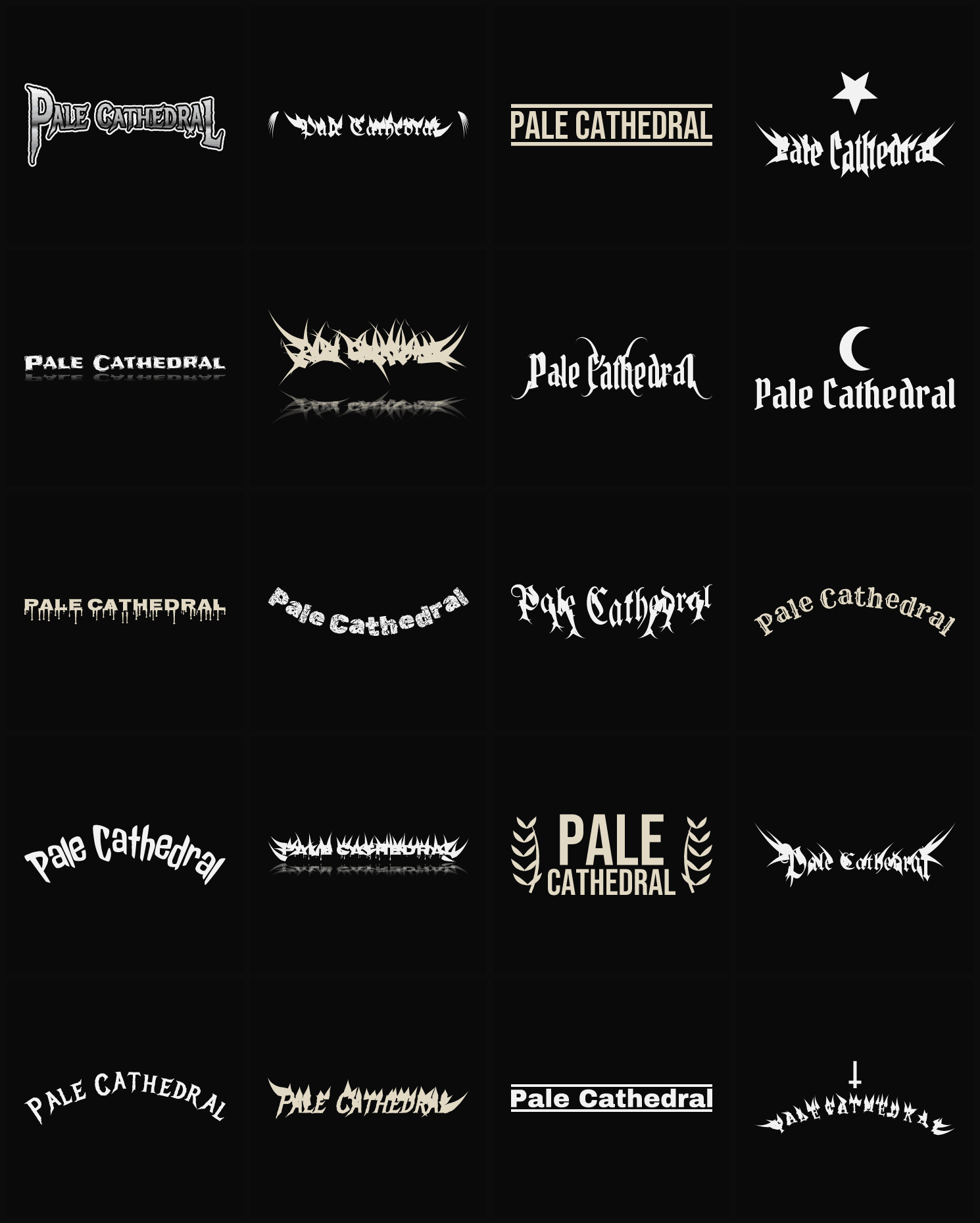 Twenty Pale Cathedral band logo ideas — different faces, treatments and spike settings