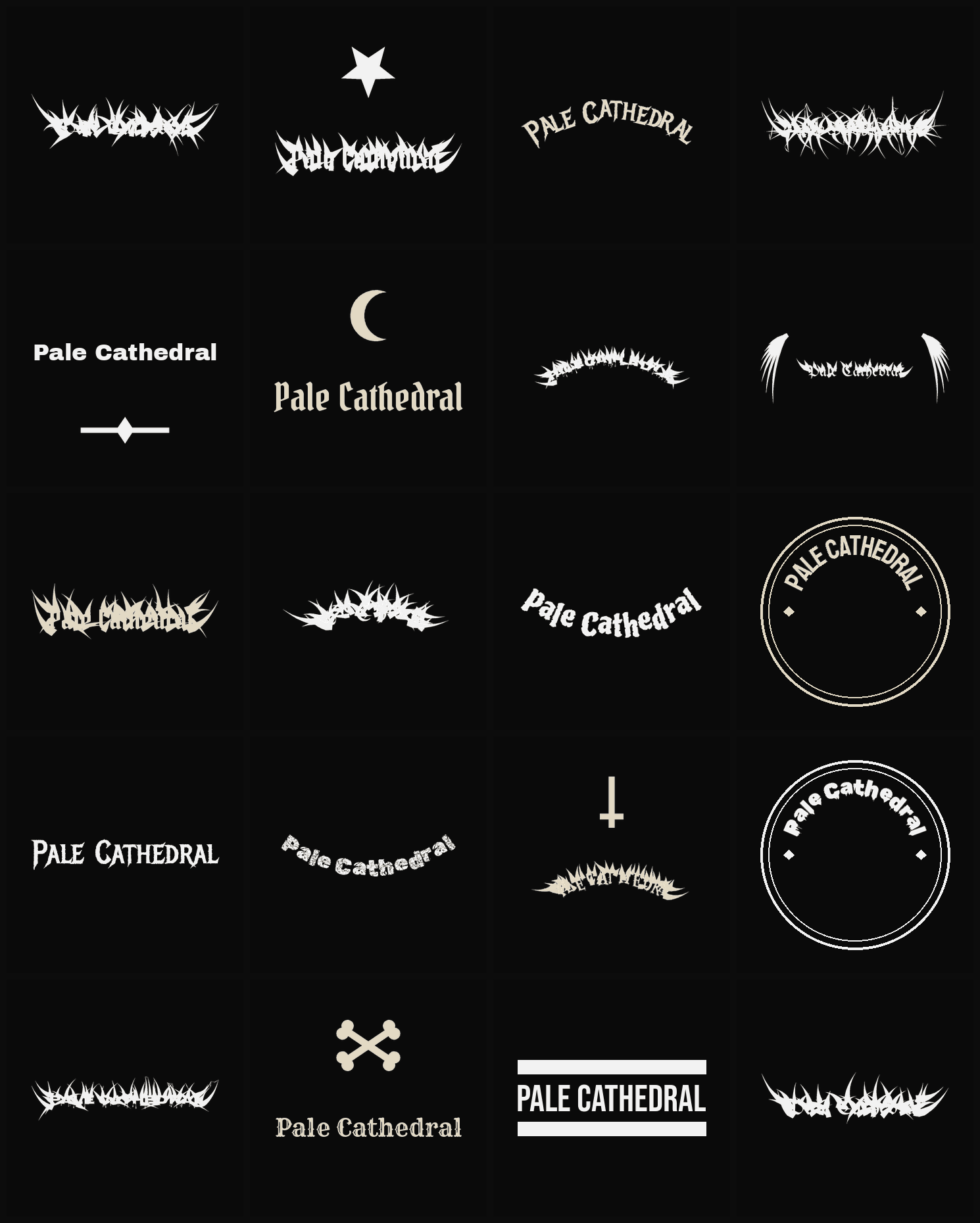 Twenty Pale Cathedral band logo ideas — different faces, treatments and spike settings