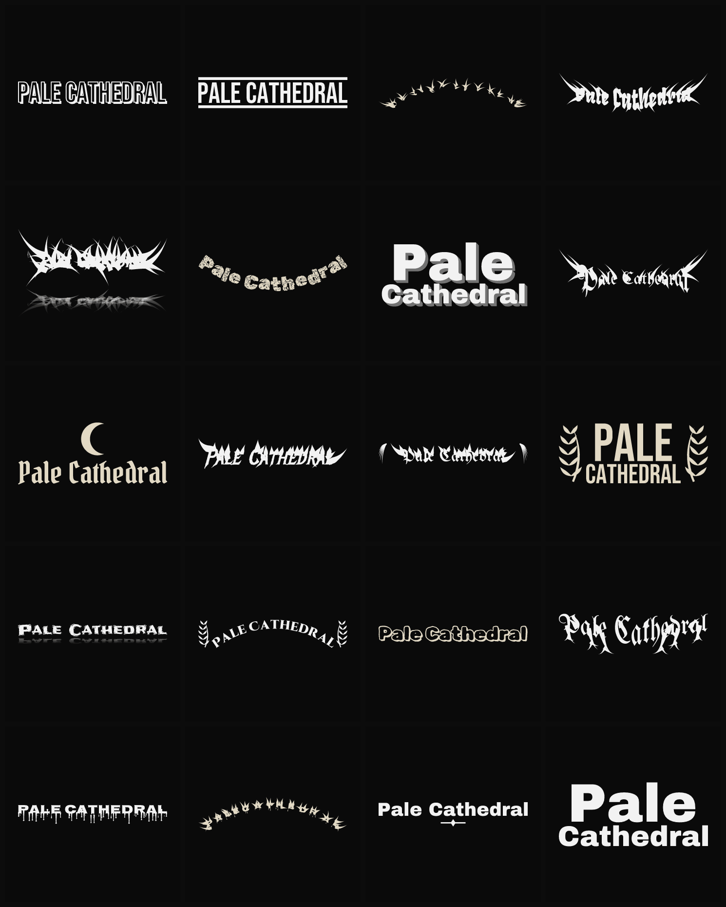 Twenty Pale Cathedral band logo ideas — different faces, treatments and spike settings