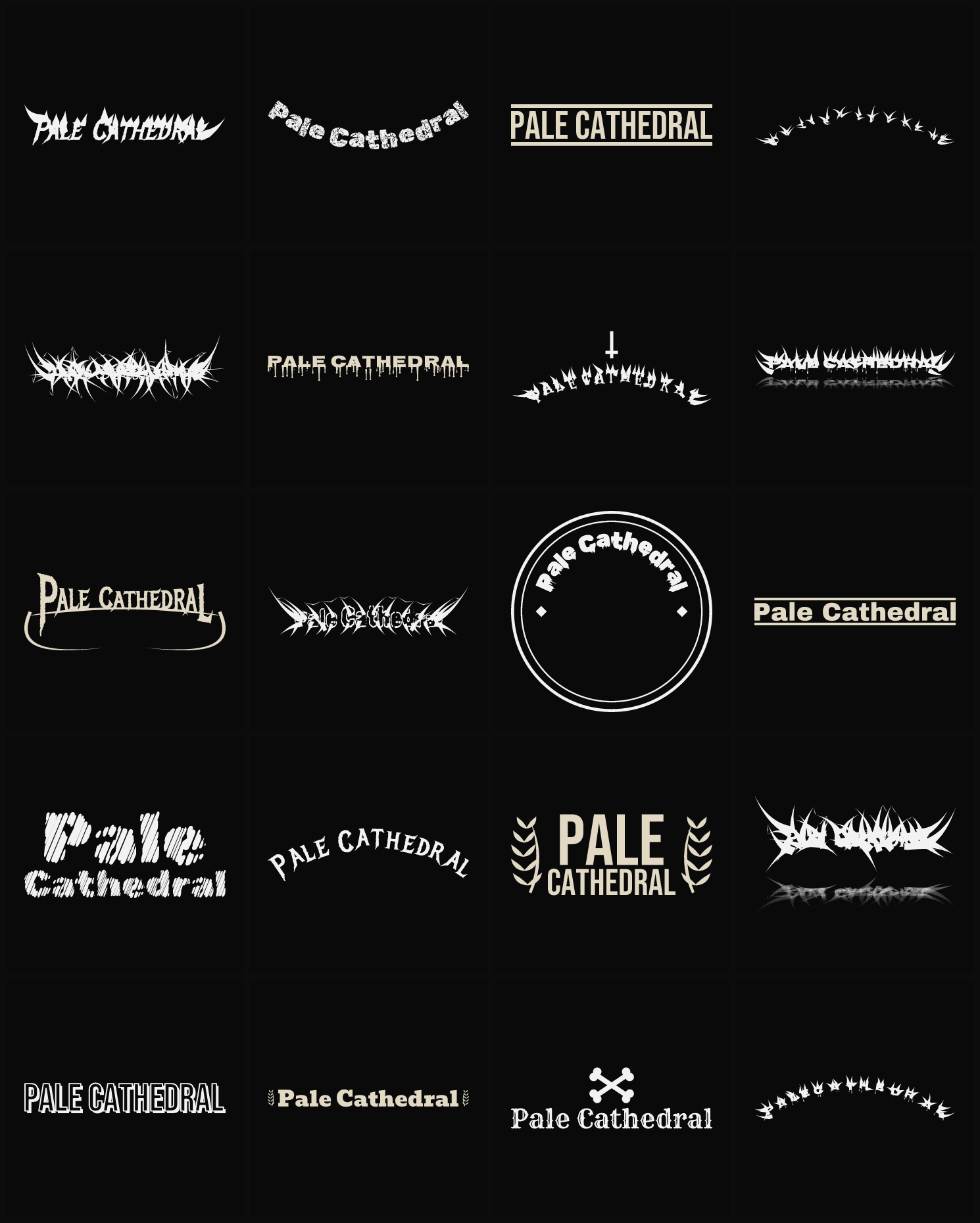 Twenty Pale Cathedral band logo ideas — different faces, treatments and spike settings