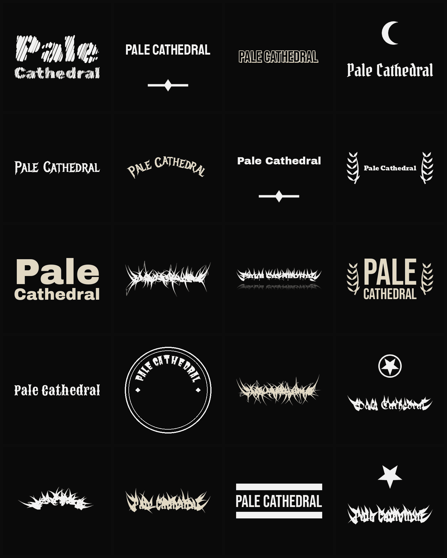 Twenty Pale Cathedral band logo ideas — different faces, treatments and spike settings