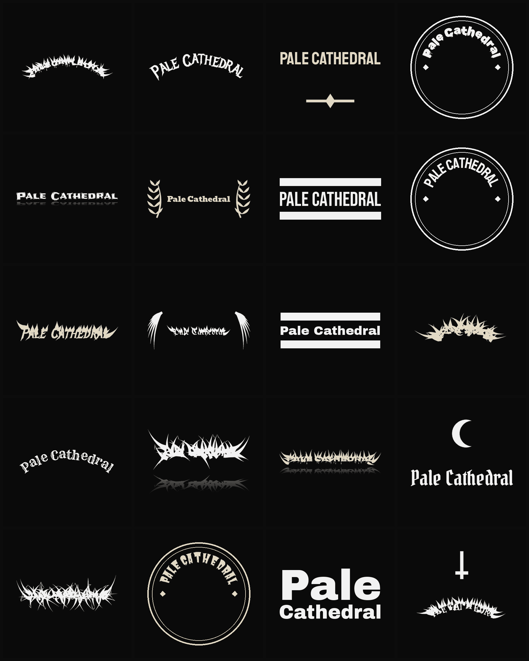 Twenty Pale Cathedral band logo ideas — different faces, treatments and spike settings
