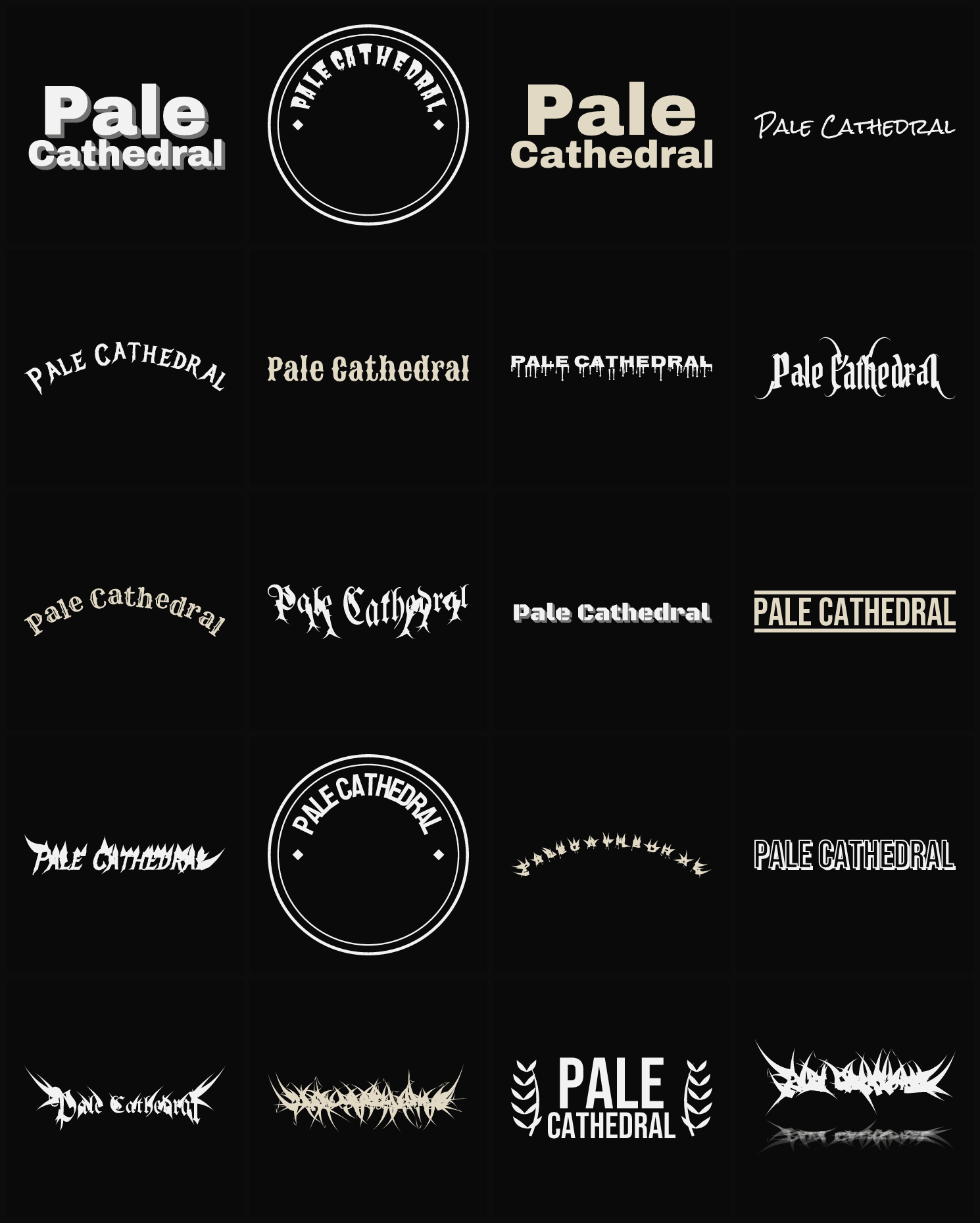 Twenty Pale Cathedral band logo ideas — different faces, treatments and spike settings