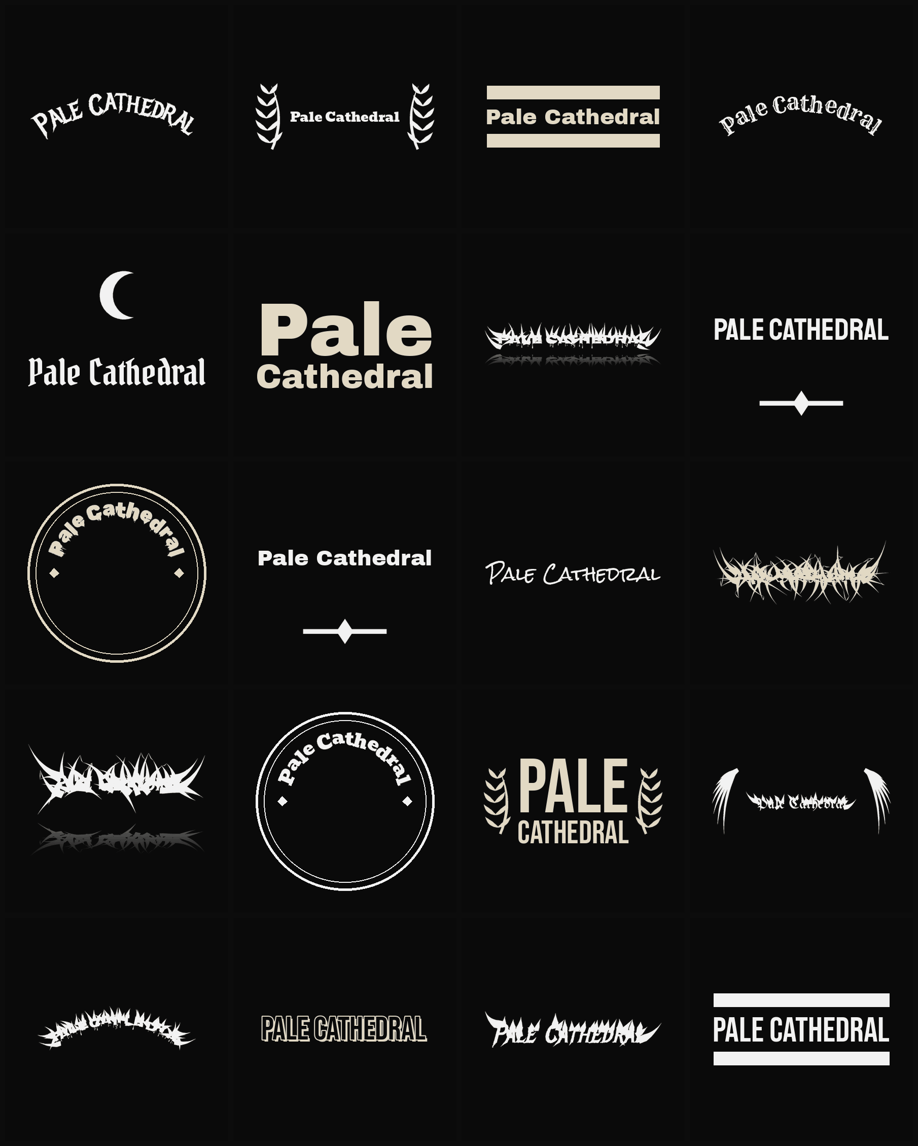 Twenty Pale Cathedral band logo ideas — different faces, treatments and spike settings