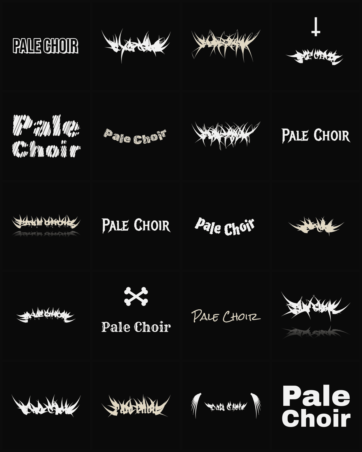 Twenty Pale Choir band logo ideas — different faces, treatments and spike settings