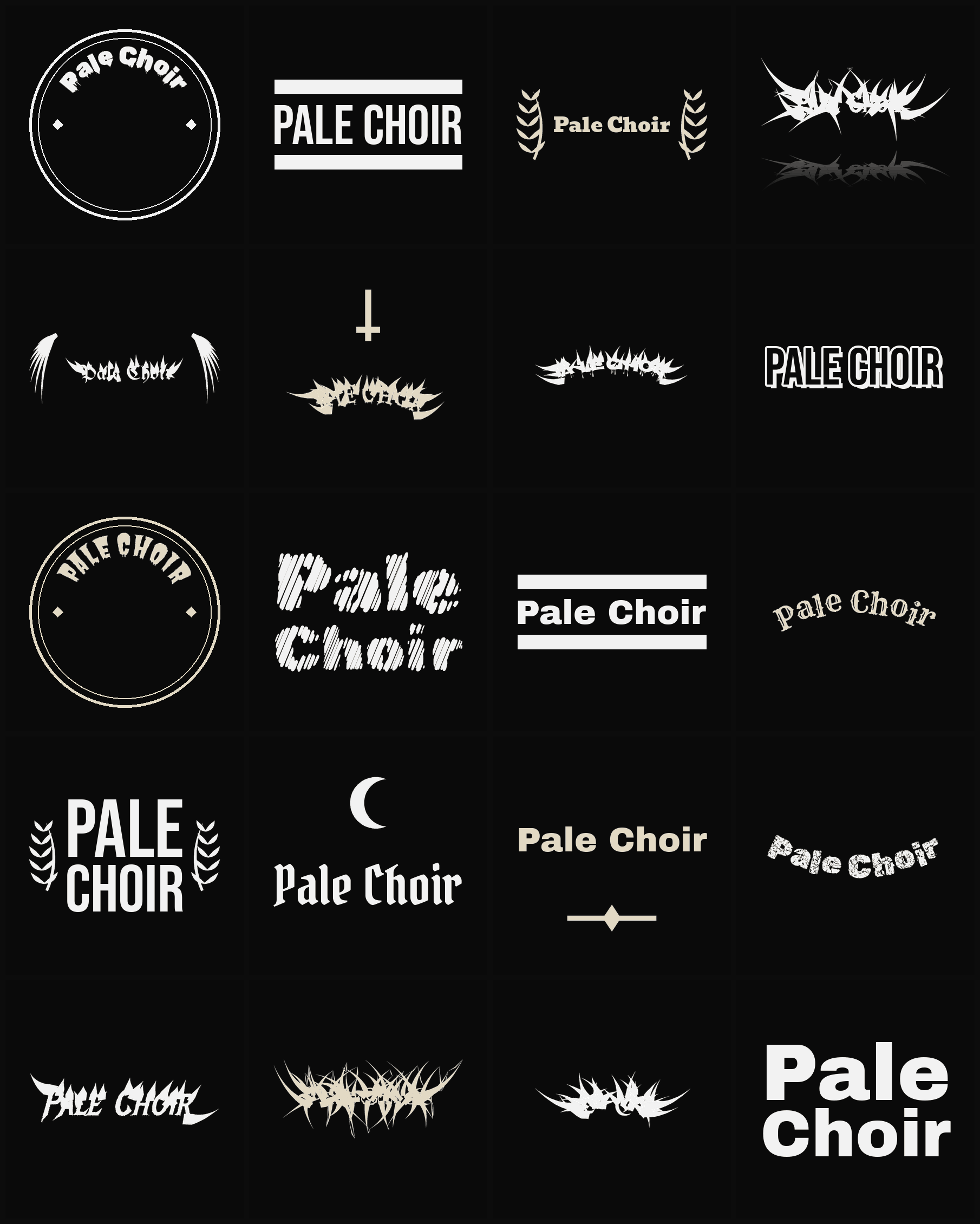 Twenty Pale Choir band logo ideas — different faces, treatments and spike settings