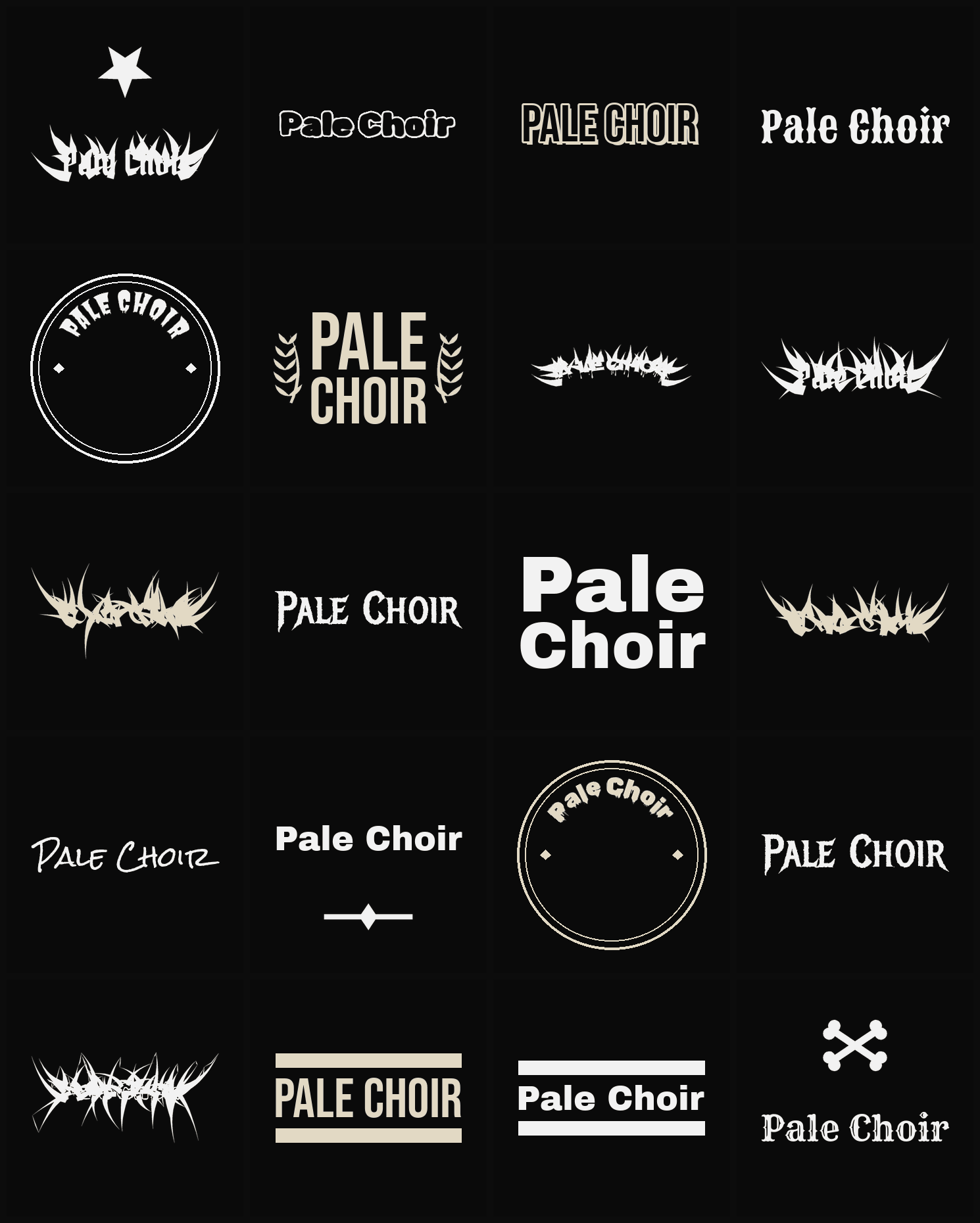 Twenty Pale Choir band logo ideas — different faces, treatments and spike settings