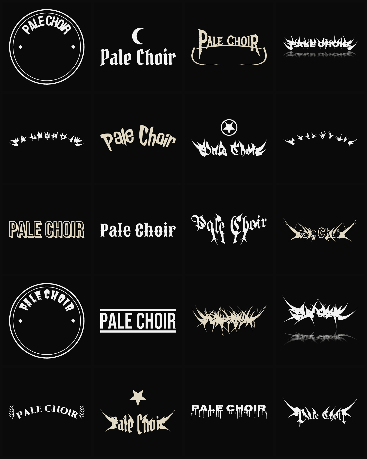 Twenty Pale Choir band logo ideas — different faces, treatments and spike settings
