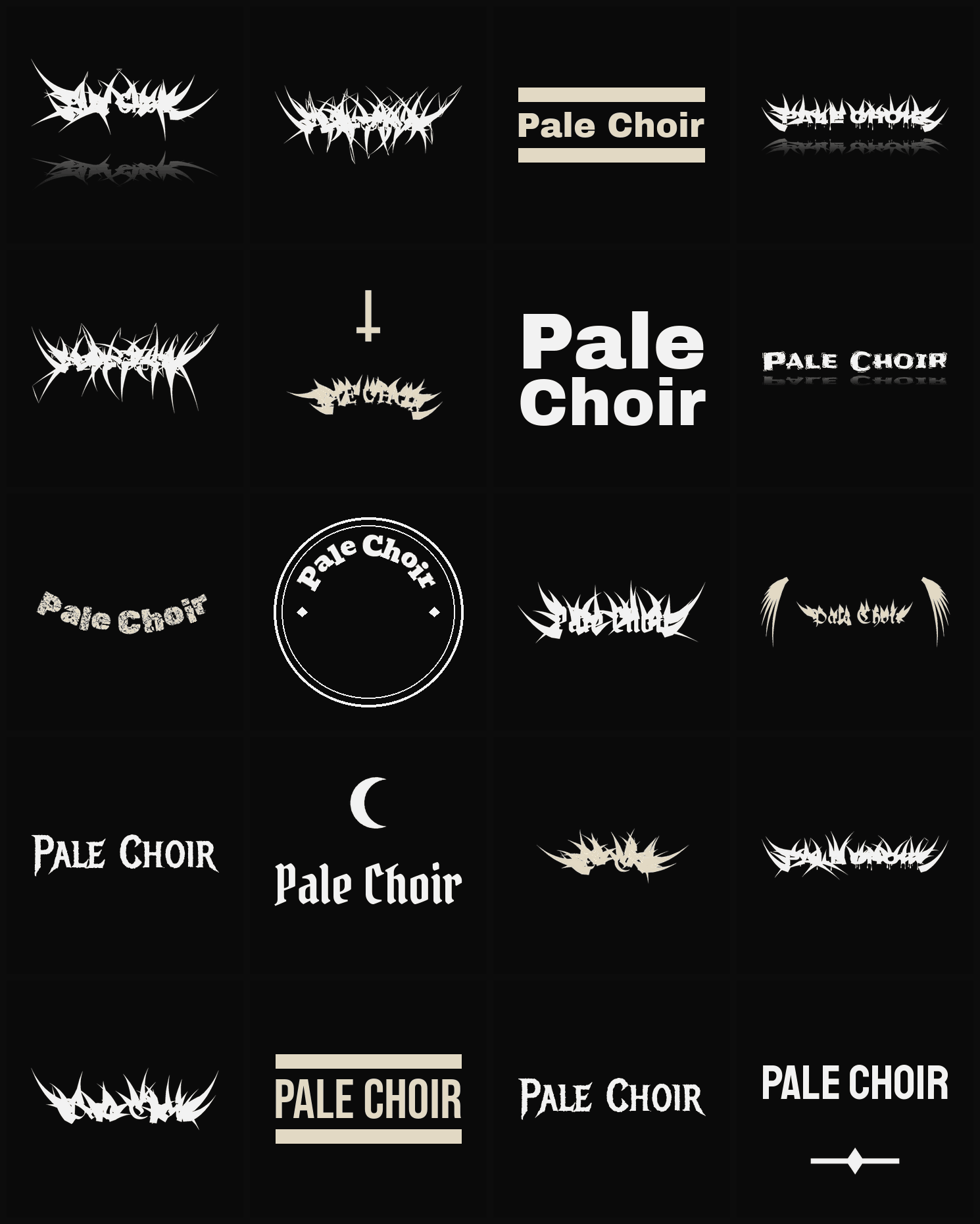 Twenty Pale Choir band logo ideas — different faces, treatments and spike settings