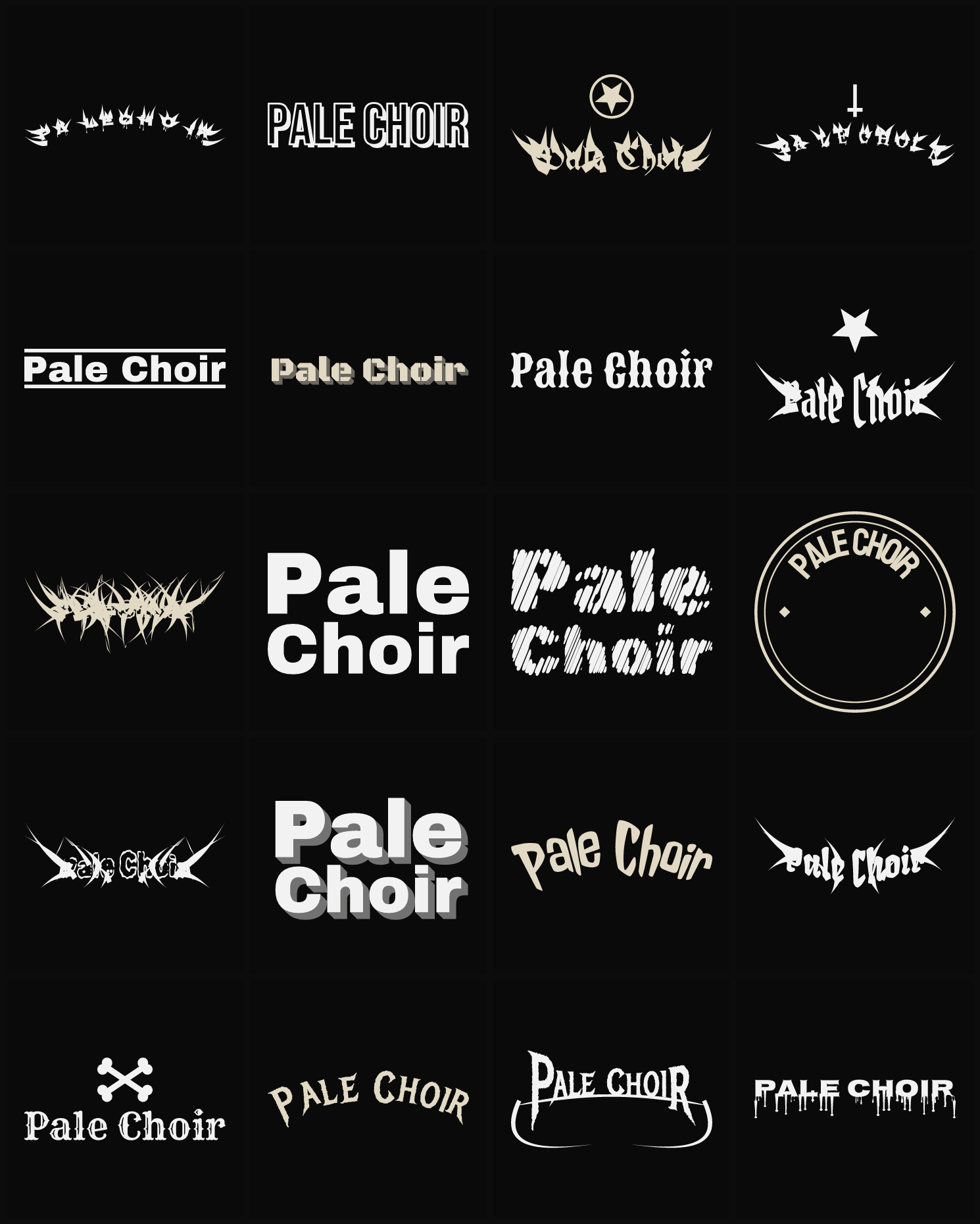 Twenty Pale Choir band logo ideas — different faces, treatments and spike settings