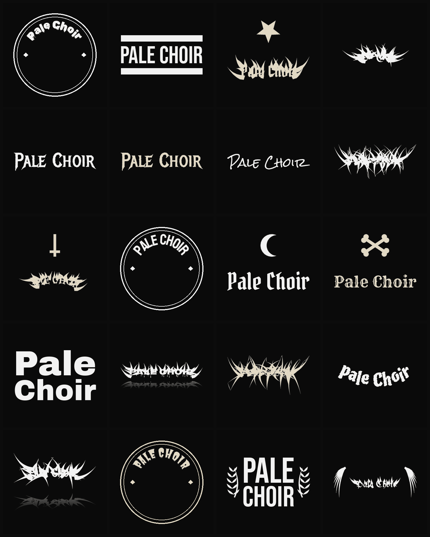 Twenty Pale Choir band logo ideas — different faces, treatments and spike settings