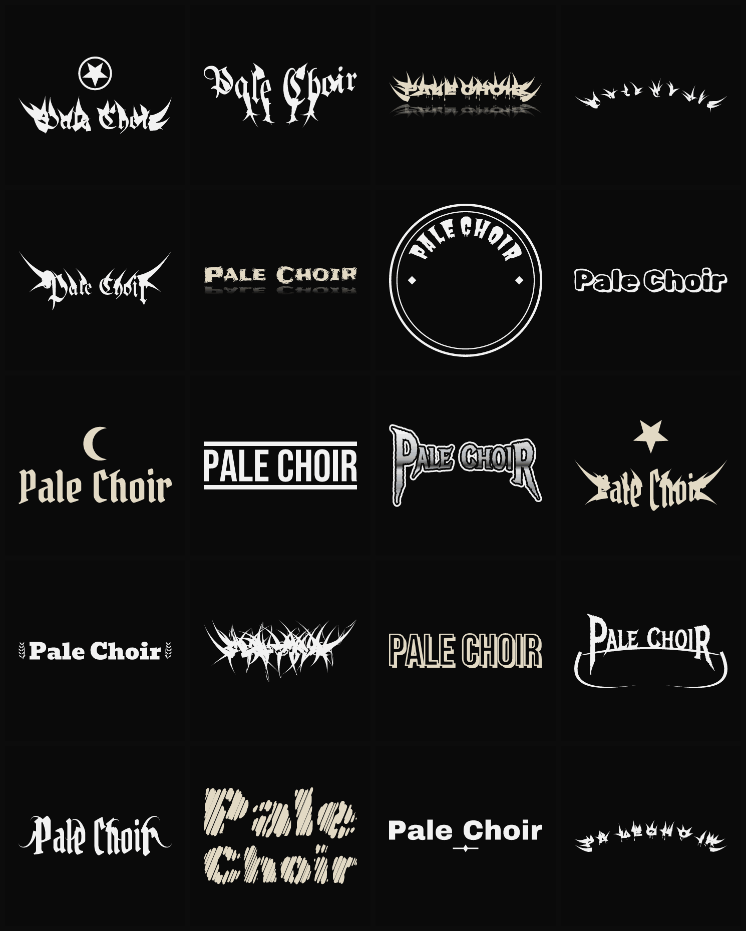 Twenty Pale Choir band logo ideas — different faces, treatments and spike settings
