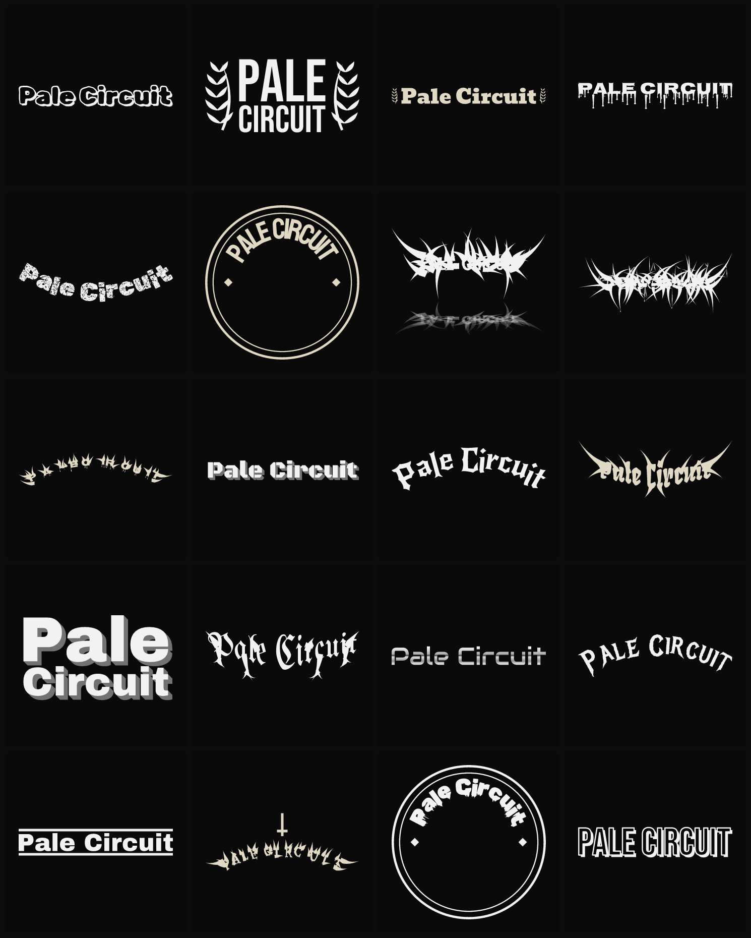 Twenty Pale Circuit band logo ideas — different faces, treatments and spike settings
